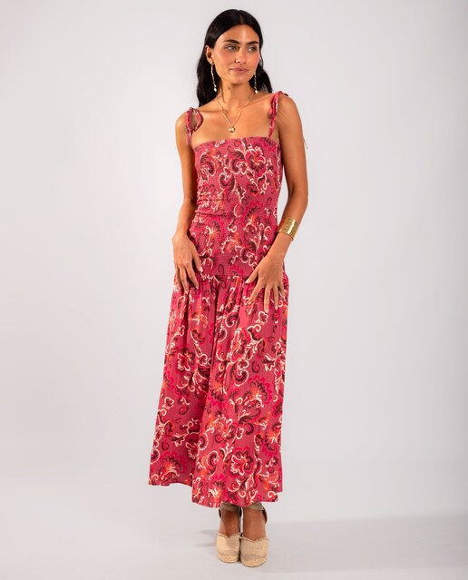 Imagem 0 de Vestido Estampado com Corpo Franzido e Alças Ajustáveis