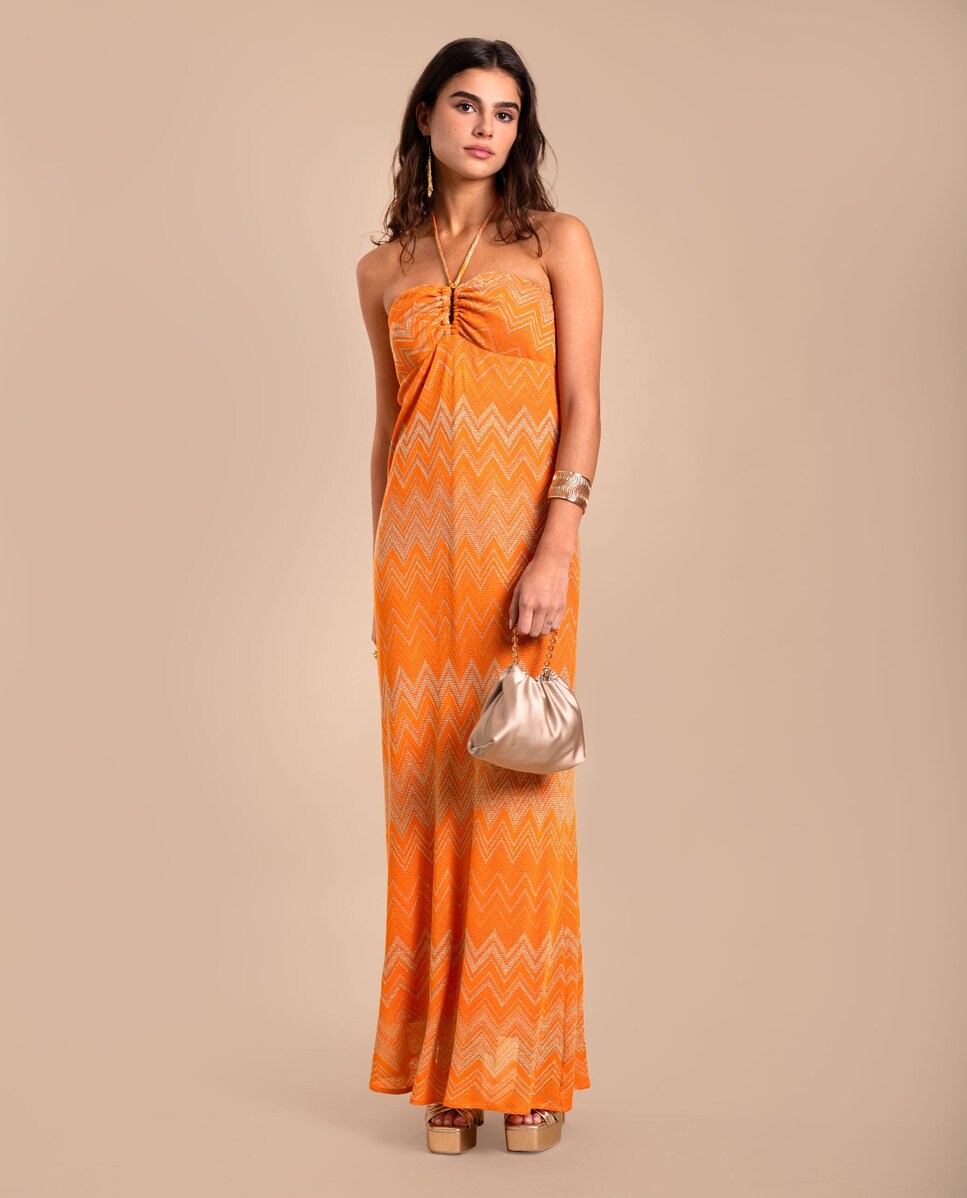 Vestido Midi Estampado com Decote Halter Regulável Laranja-1