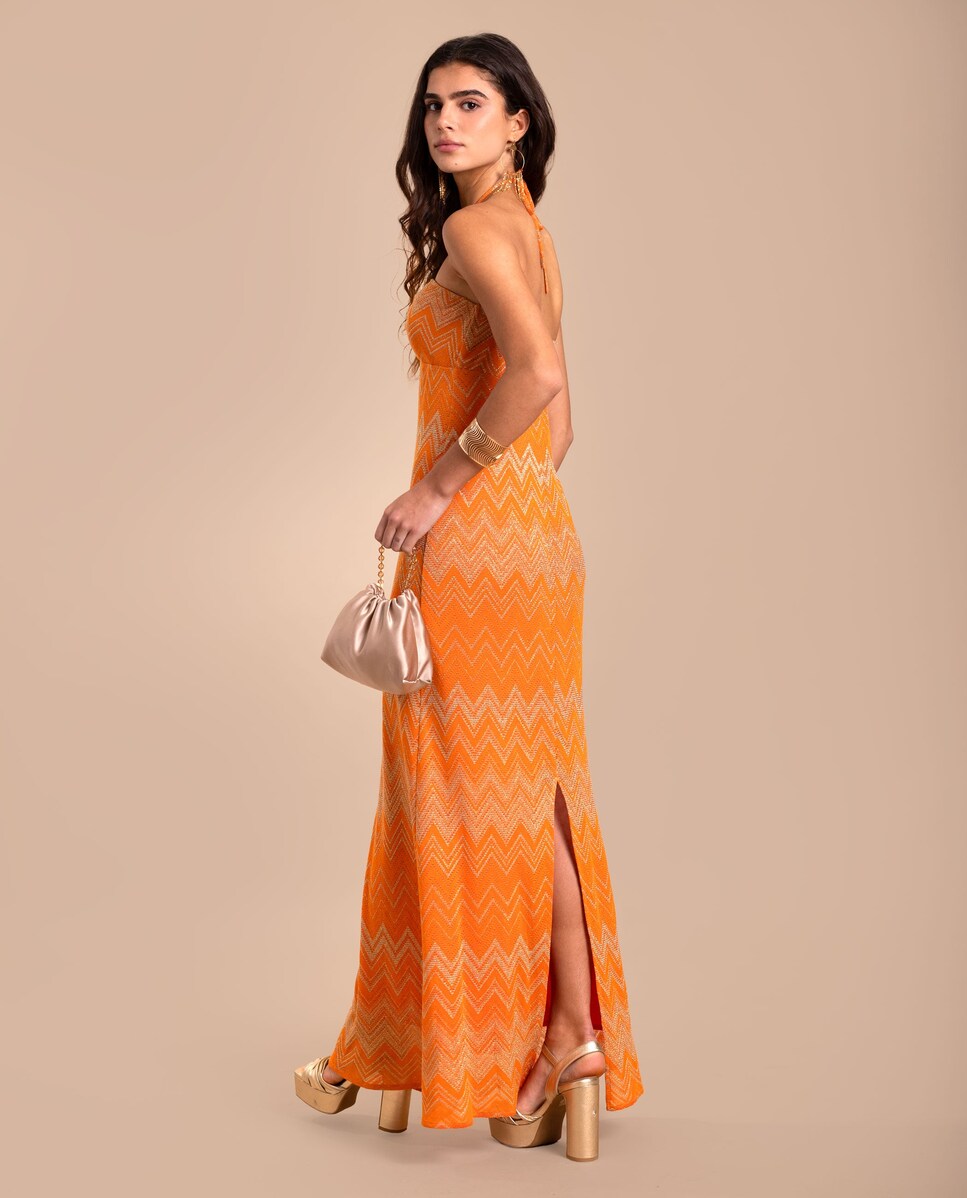 Vestido Midi Estampado com Decote Halter Regulável Laranja-4