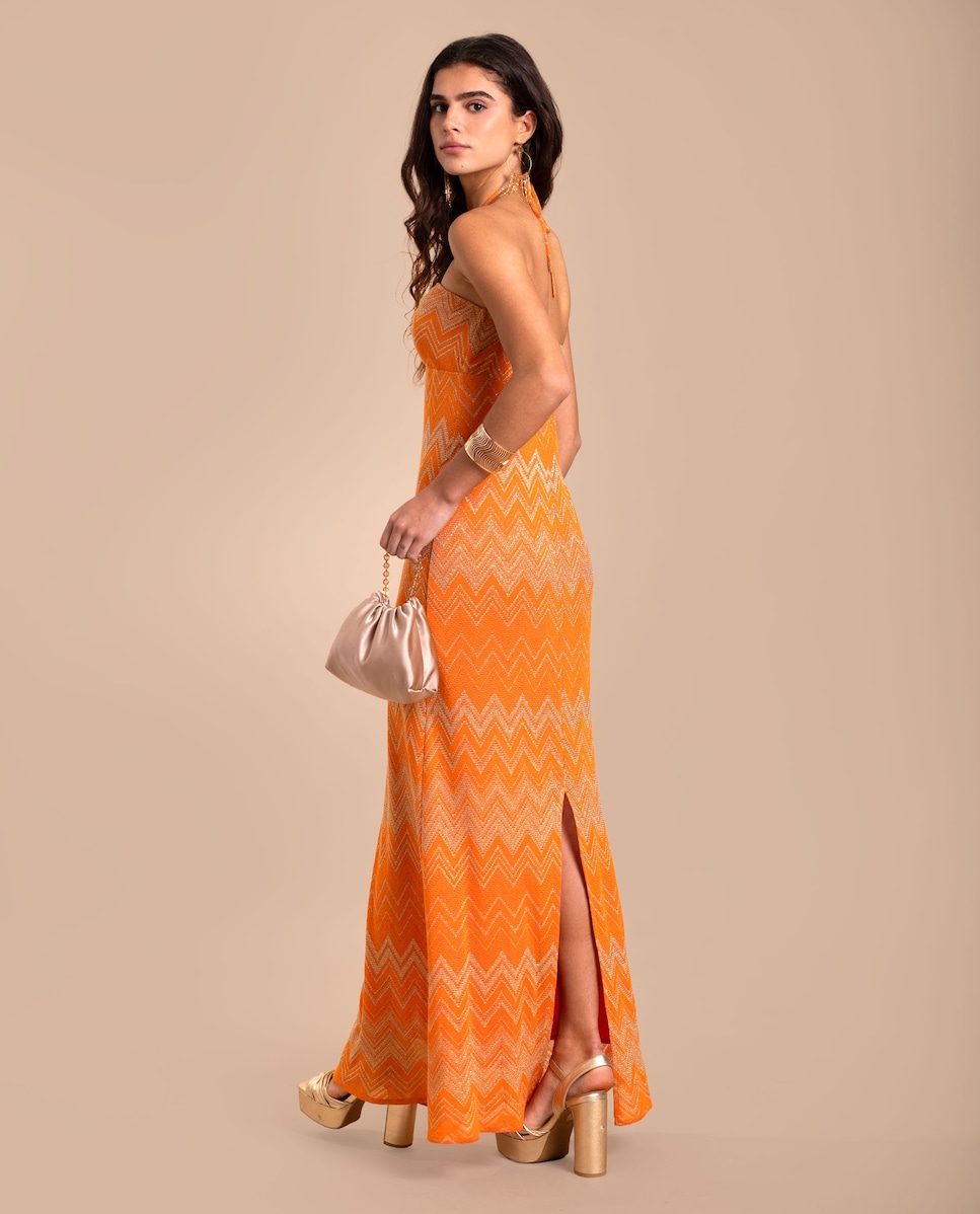 Vestido Midi Estampado com Decote Halter Regulável Laranja-4
