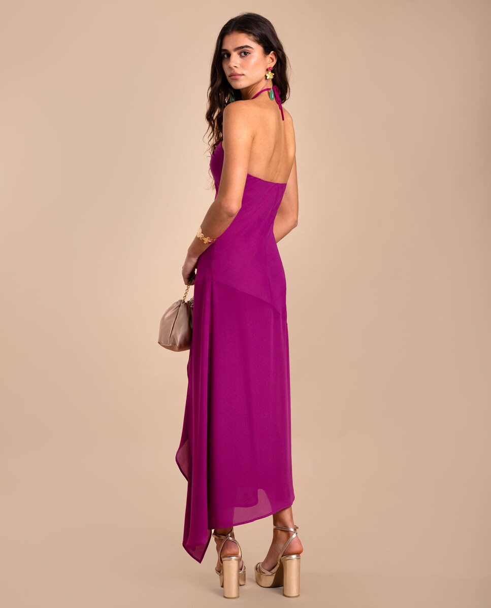 Vestido Midi sem Mangas com Decote Halter e Saia Assimétrica Rosa-3