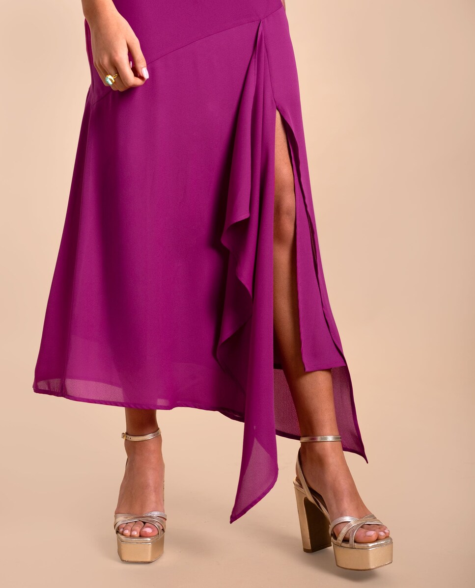 Vestido Midi sem Mangas com Decote Halter e Saia Assimétrica Rosa-4