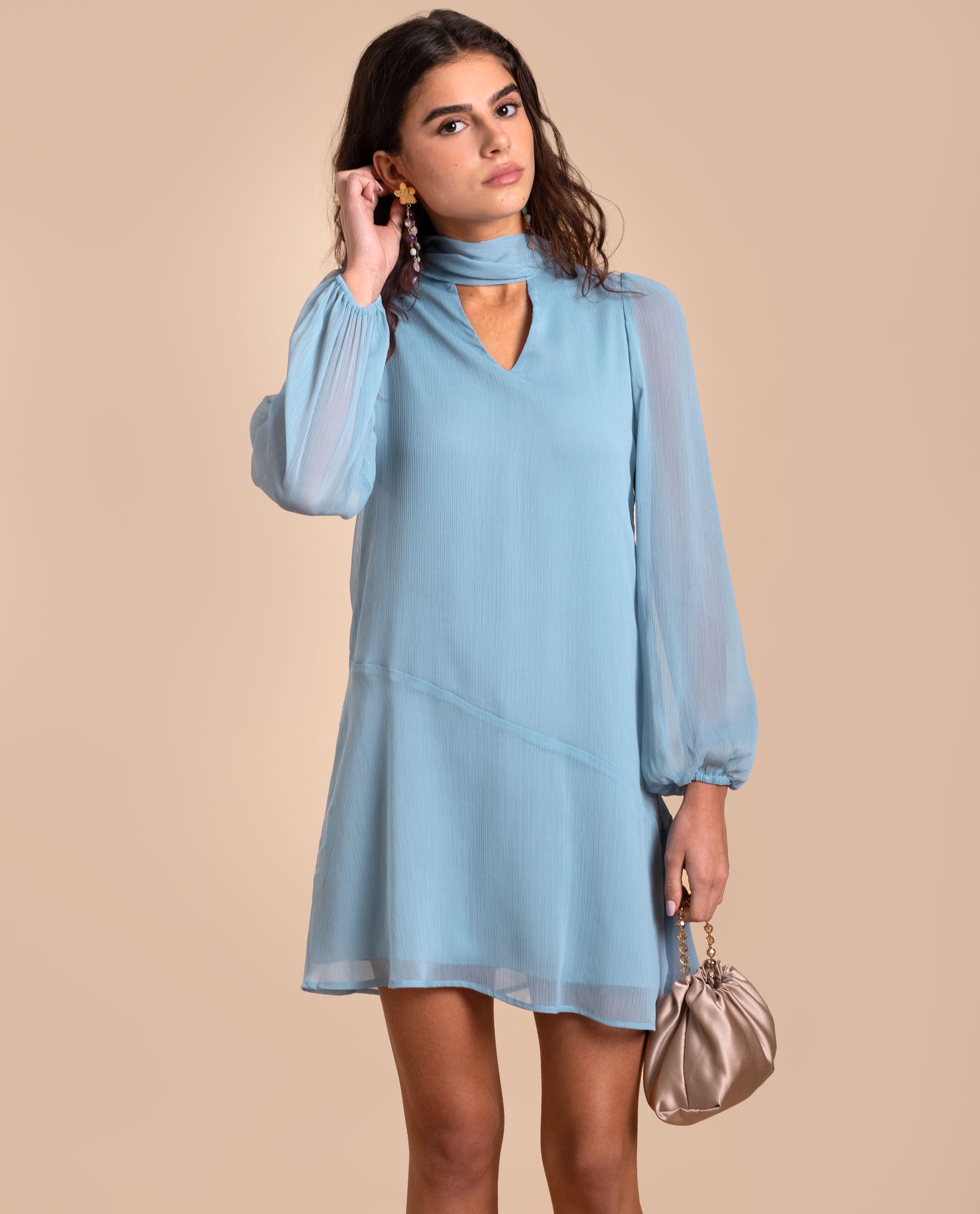 Vestido Curto de Manga Abalonada e Laçada Azul-celeste-4