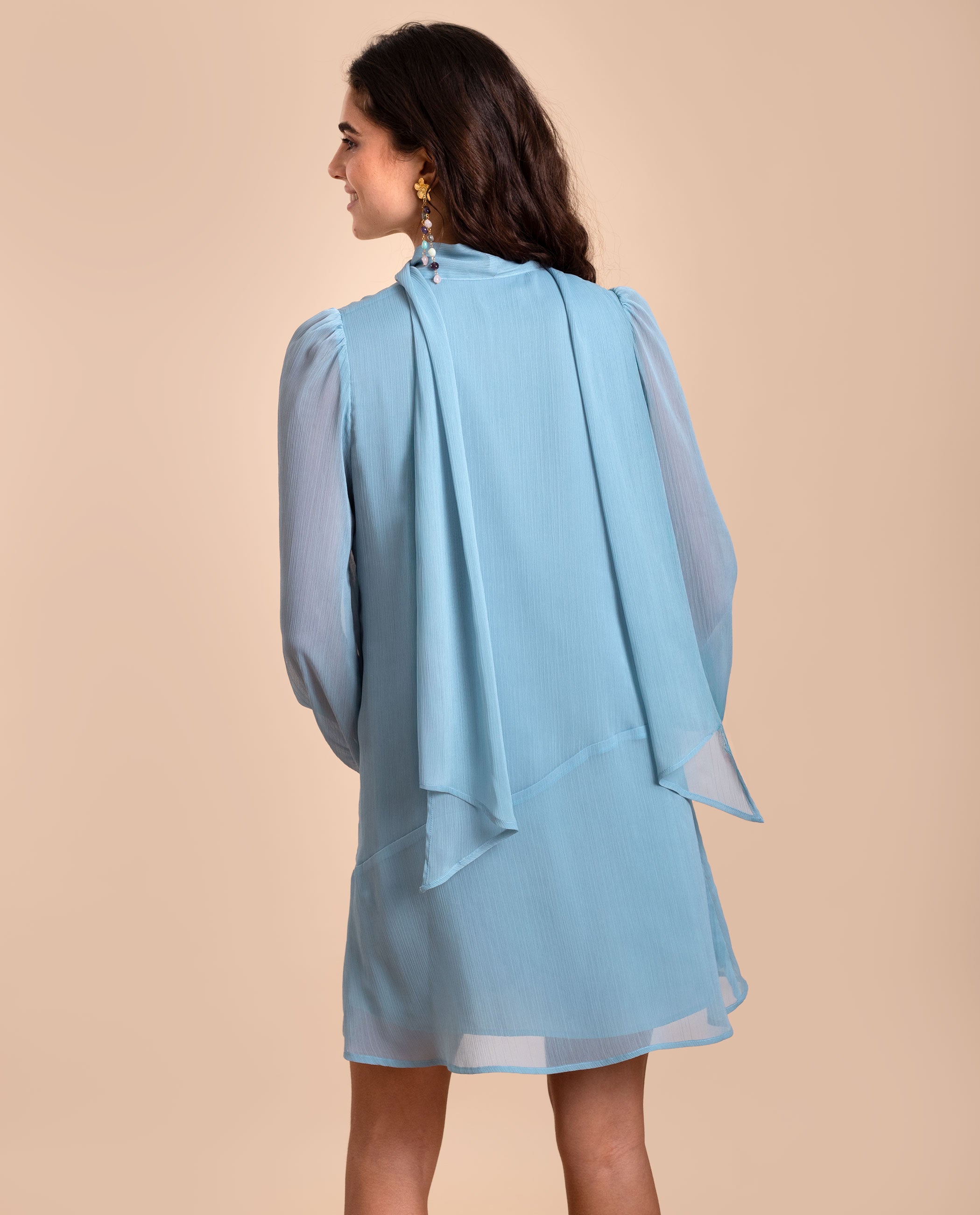Vestido Curto de Manga Abalonada e Laçada Azul-celeste-7