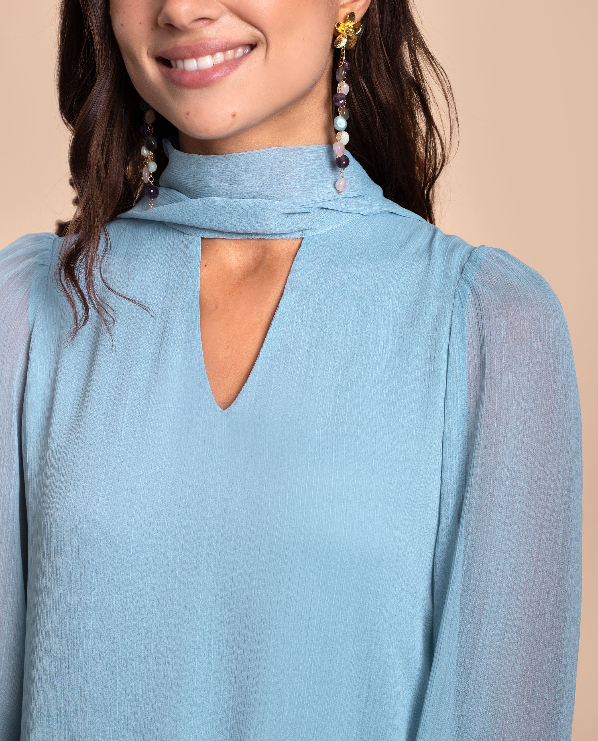 Vestido Curto de Manga Abalonada e Laçada Azul-celeste-8