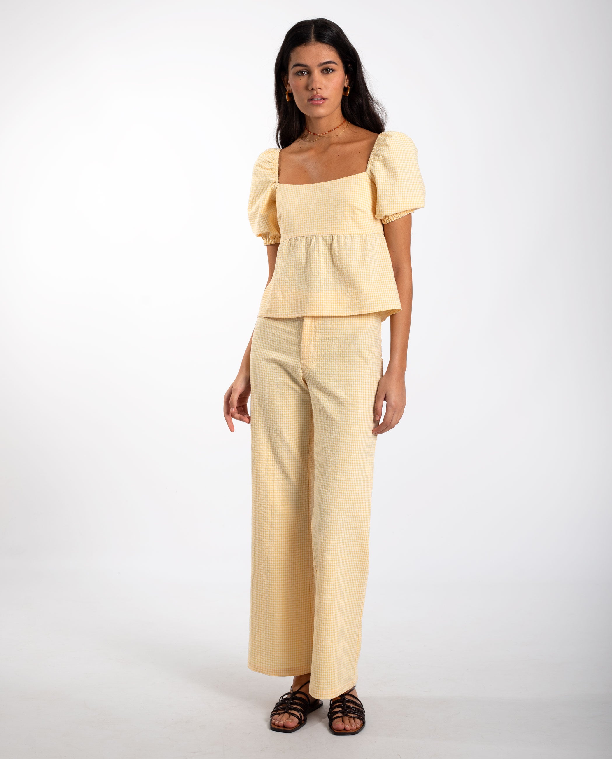 Blusa Aos Quadrados Vichy e Mangas Abalonadas Amarelo-4