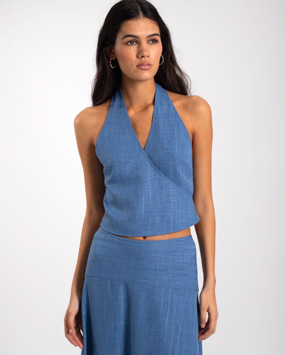 Top Cruzado com Gola Halter e com Decote em V Rosa-1