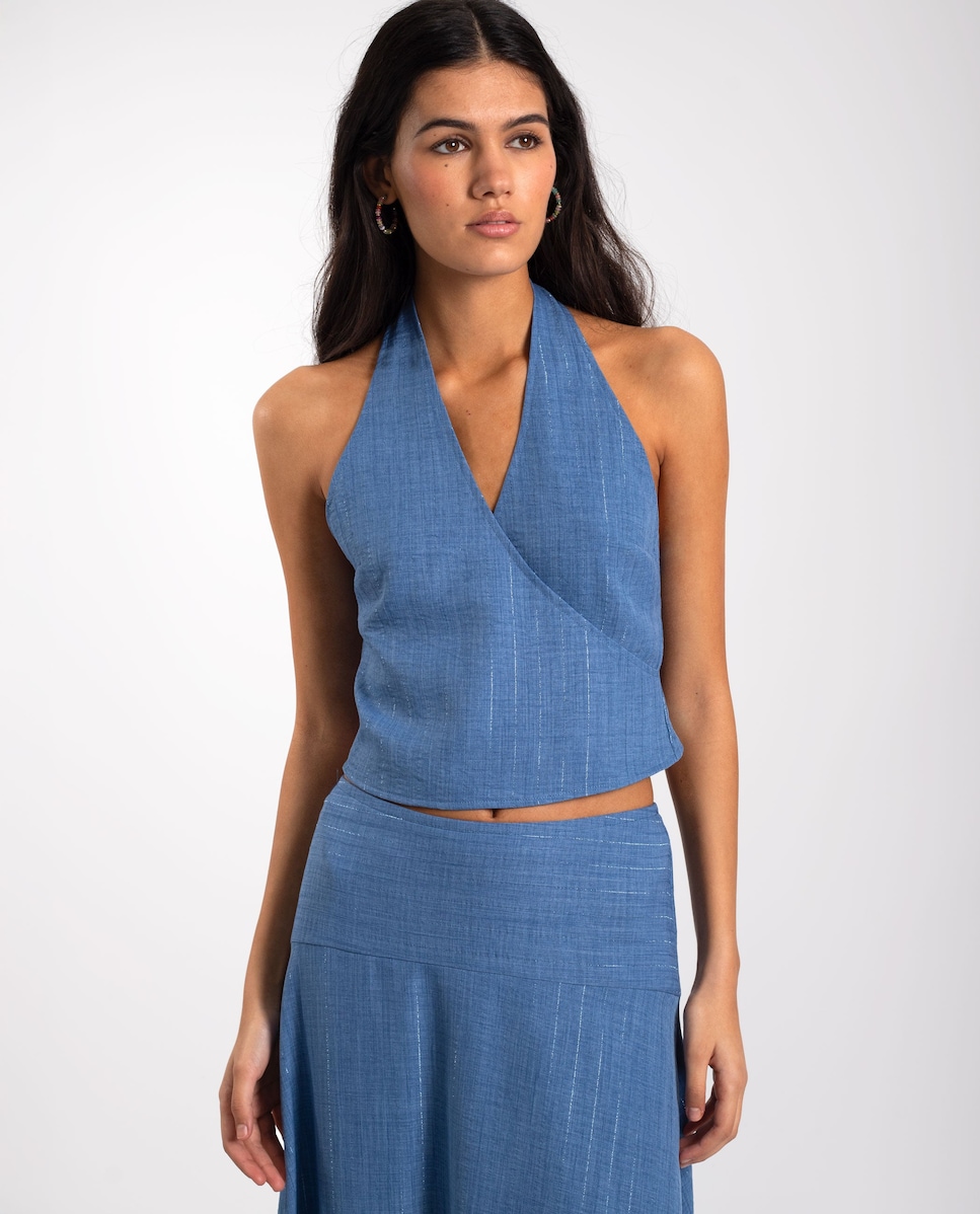 Top Cruzado com Gola Halter e com Decote em V Rosa-1