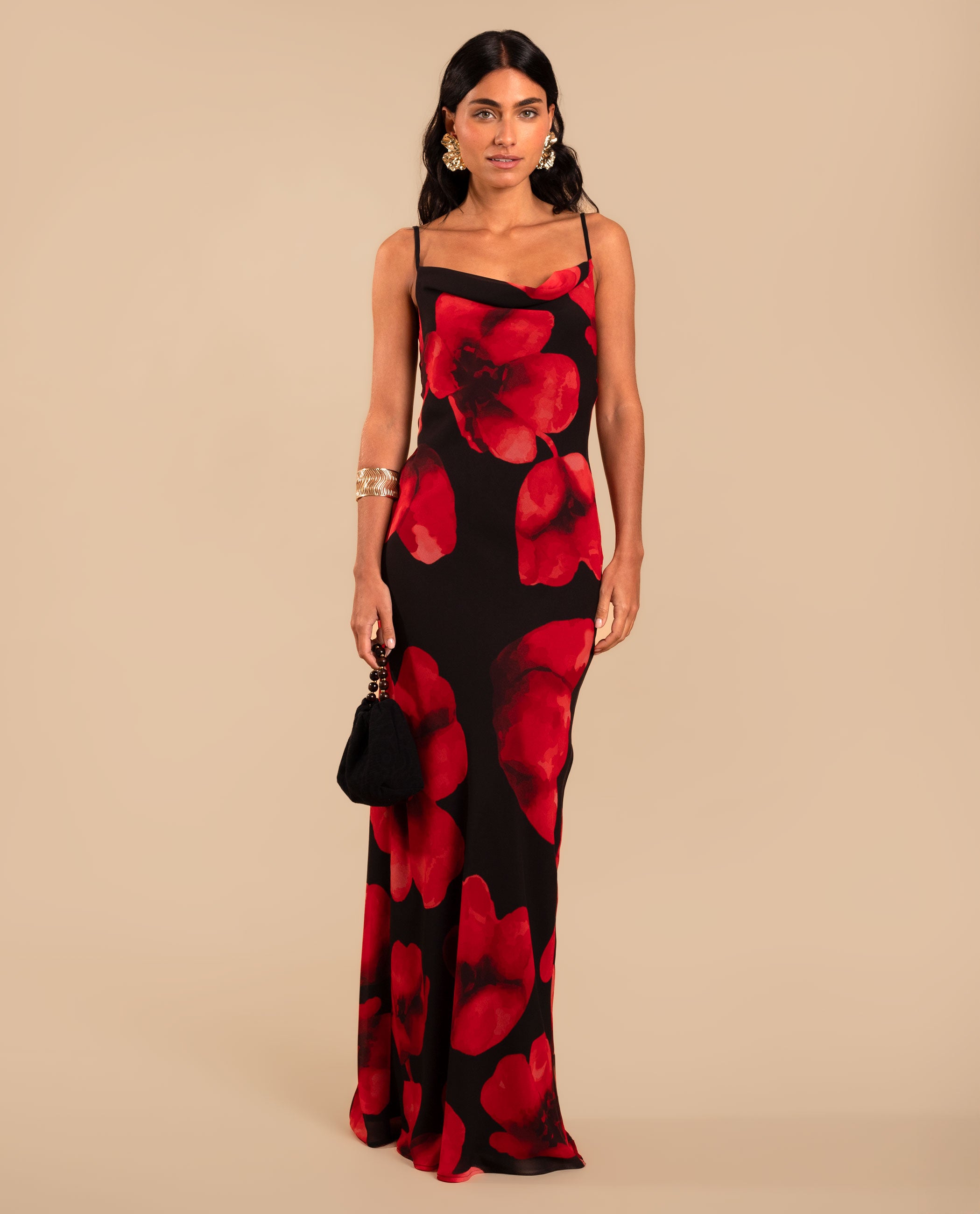 Vestido Comprido Estilo Lingerie com Folho Preto / Vermelho-1