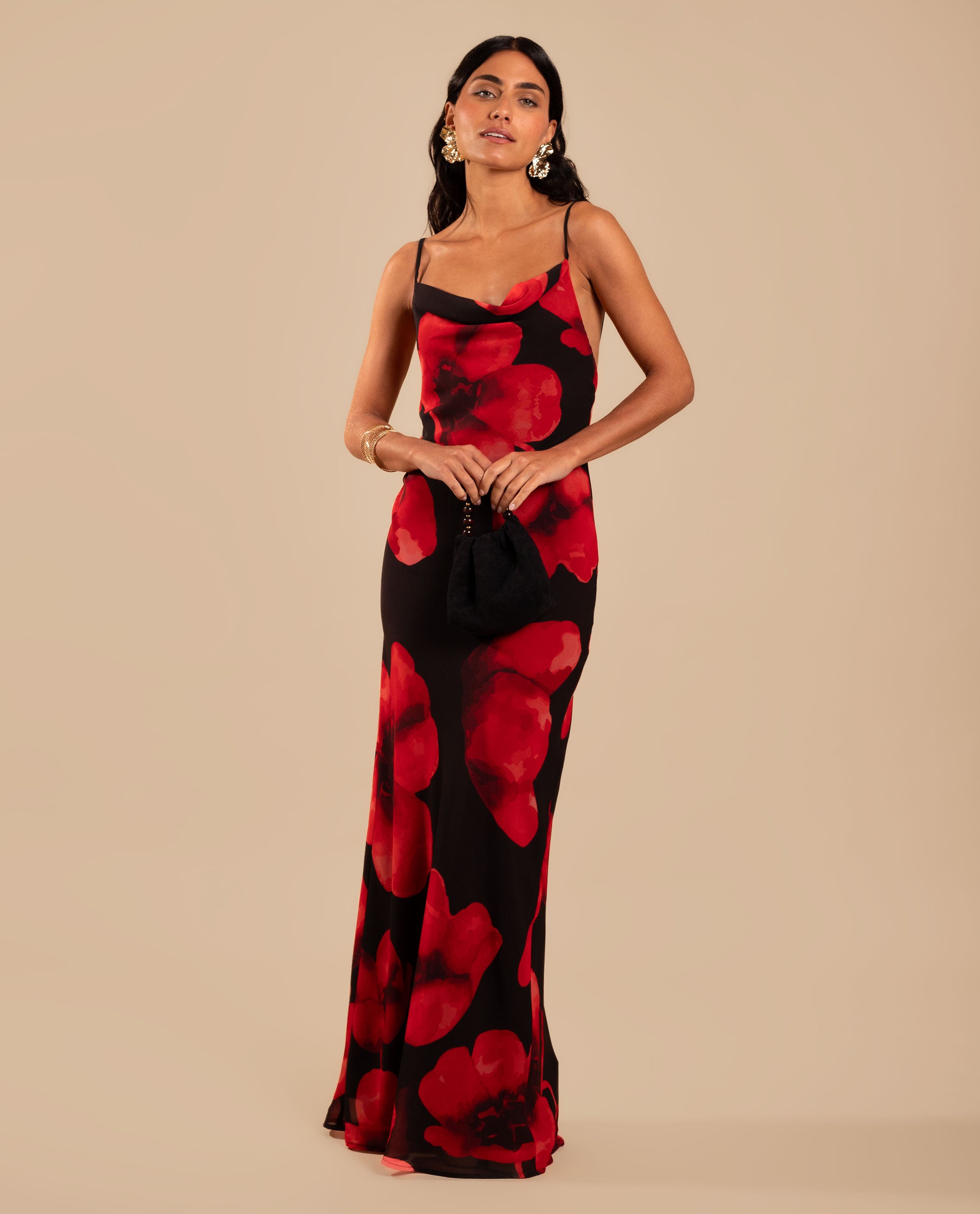 Vestido Comprido Estilo Lingerie com Folho Preto / Vermelho-2