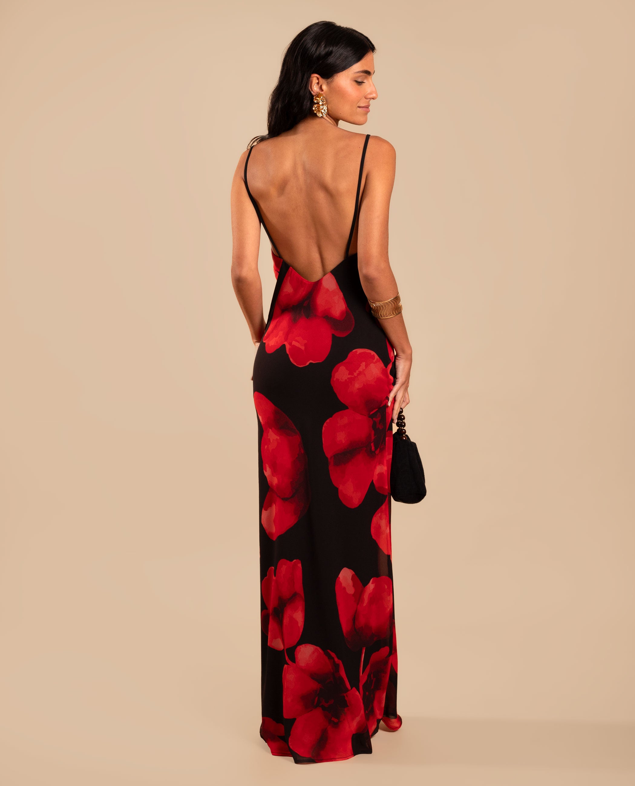 Vestido Comprido Estilo Lingerie com Folho Preto / Vermelho-3
