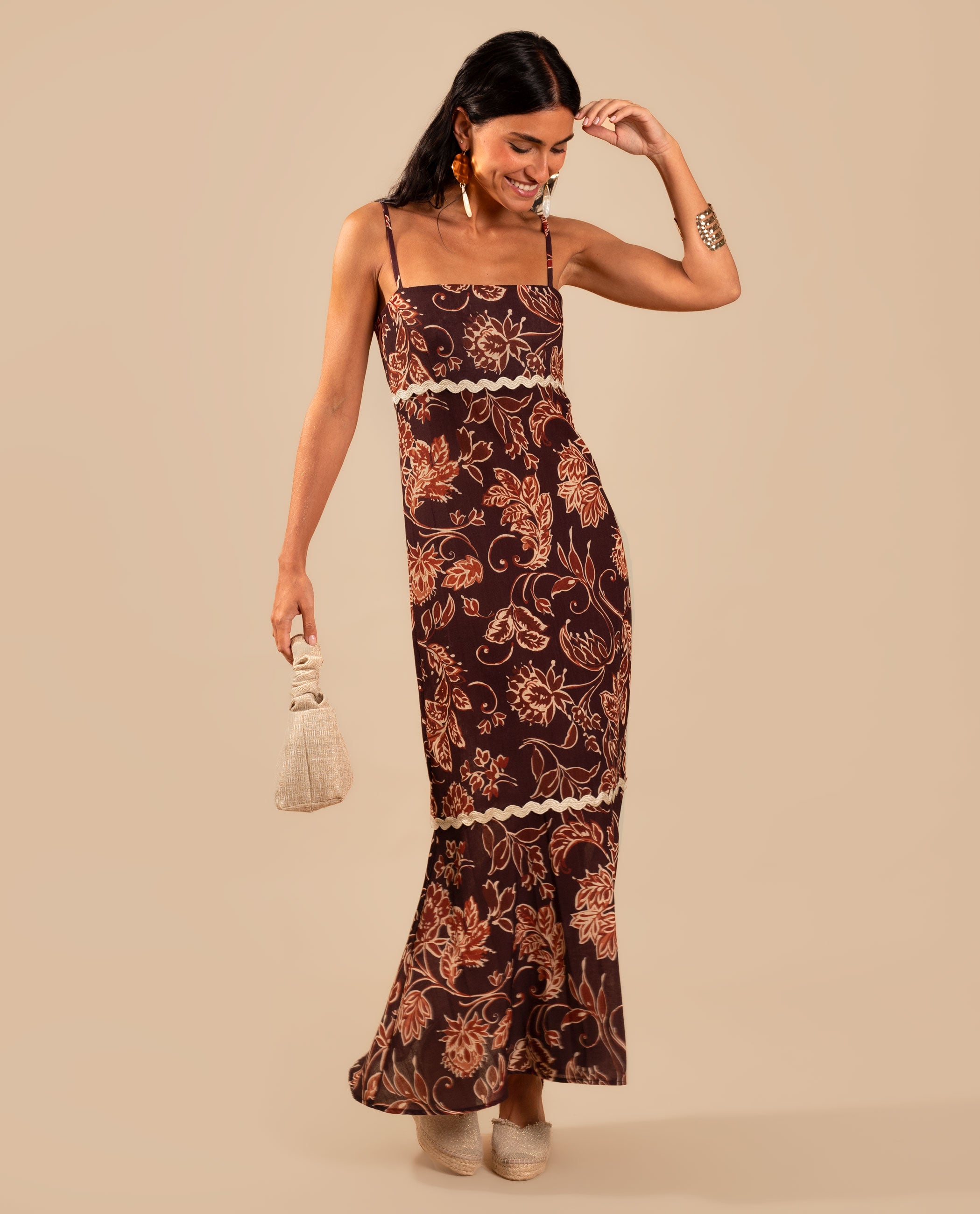 Imagem 0 de Vestido Midi de Alças com Corte Império e Folho