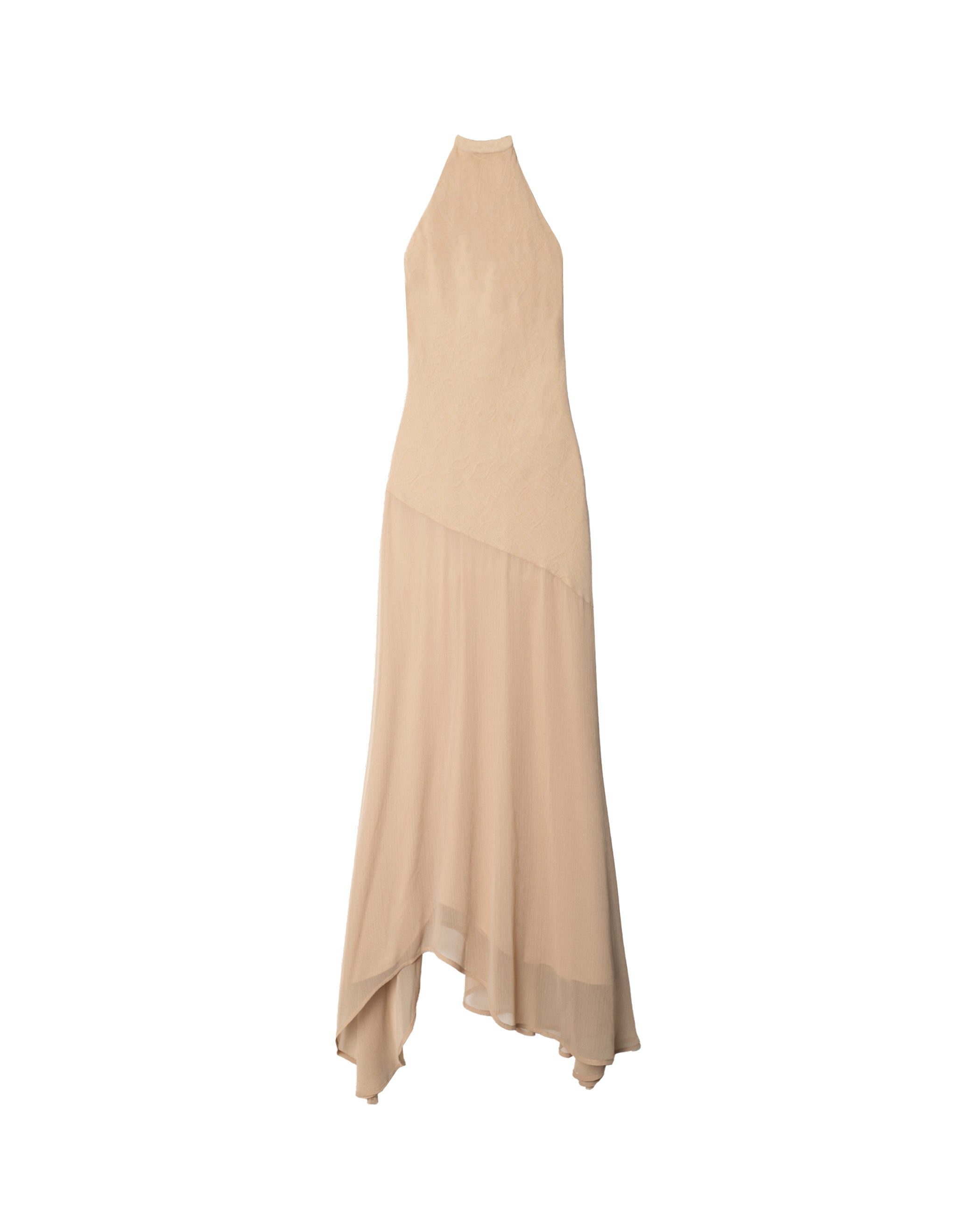 Vestido Midi Assimétrico com Gola Halter Bege-5