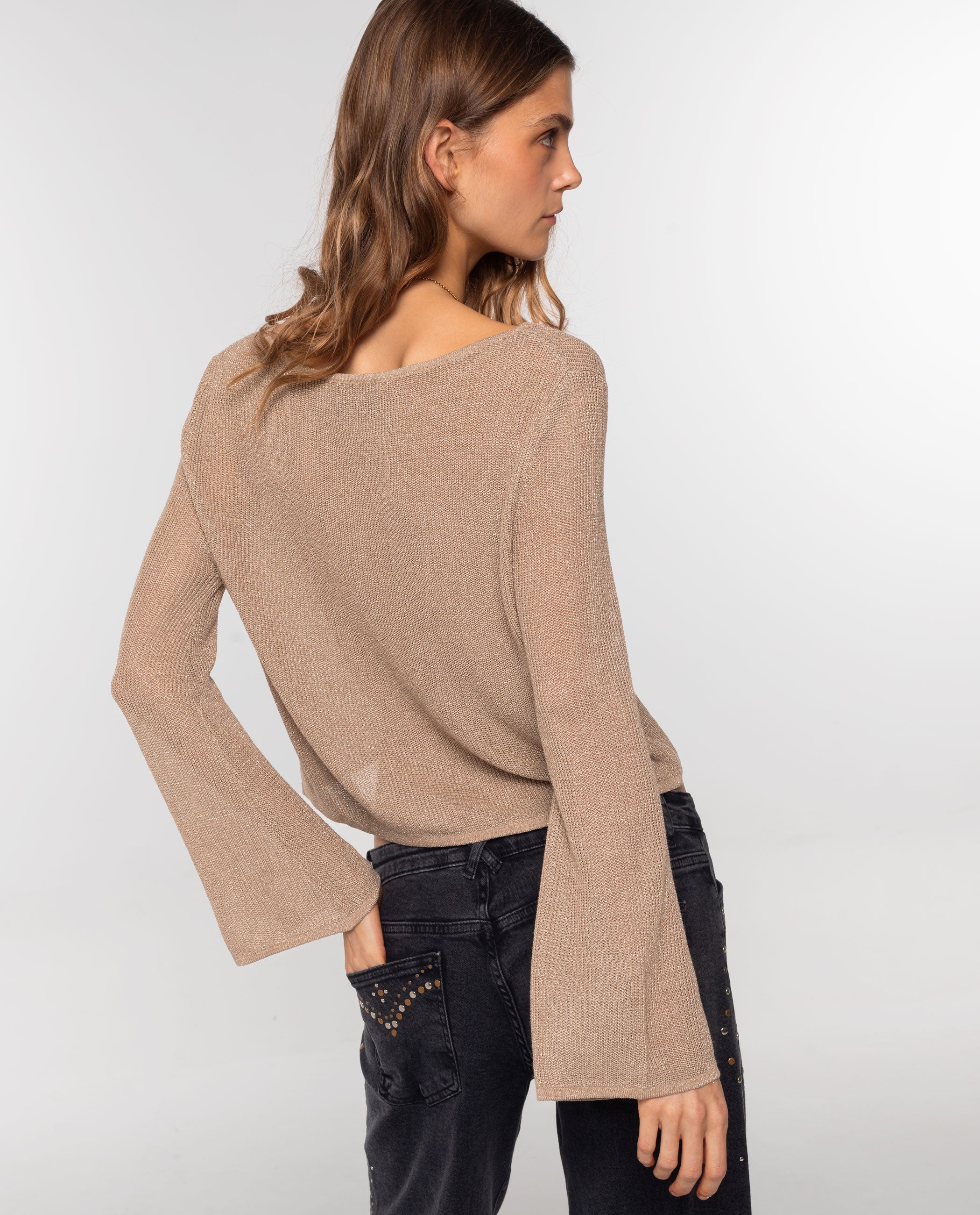 Camisola de Malha Leve com Brilho Bege-2