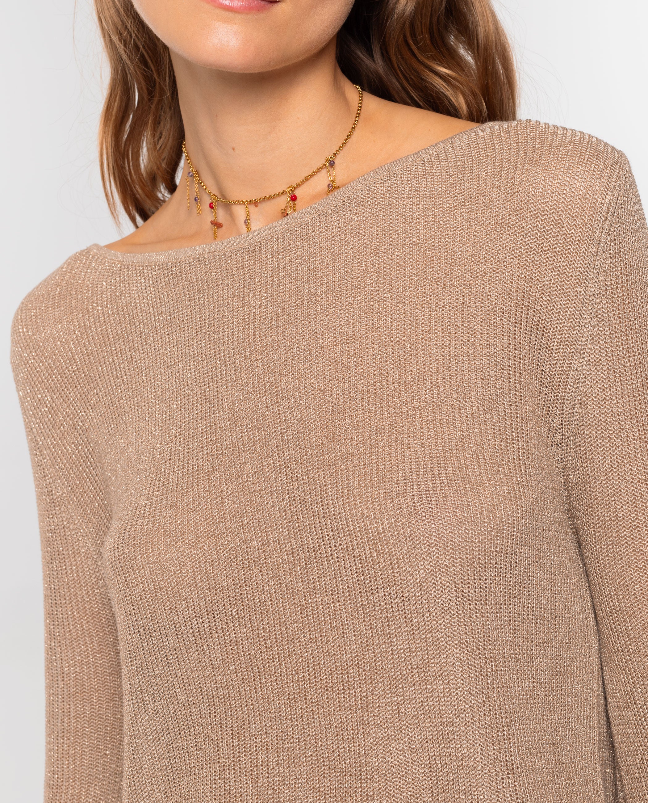 Camisola de Malha Leve com Brilho Bege-3