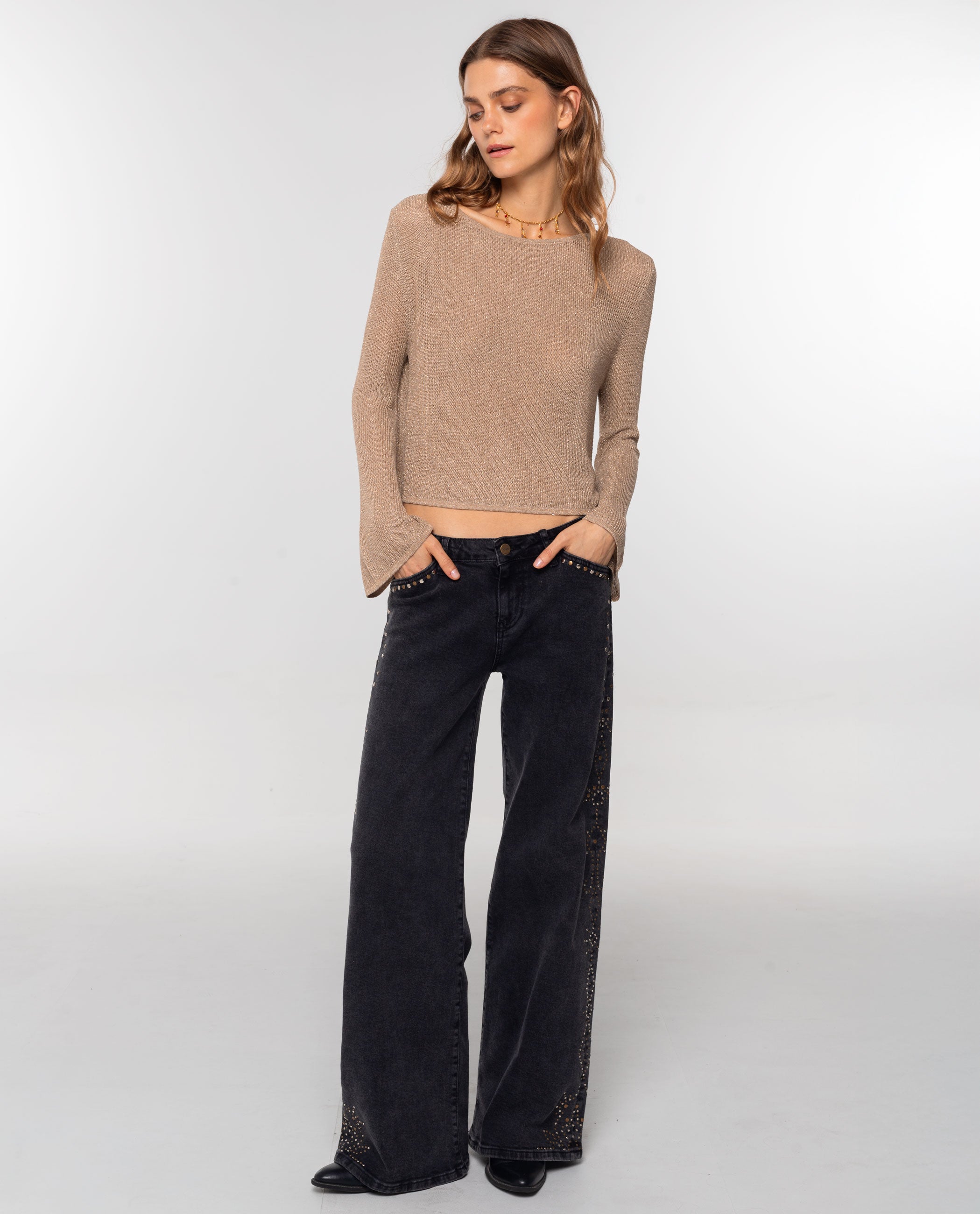 Camisola de Malha Leve com Brilho Bege-4
