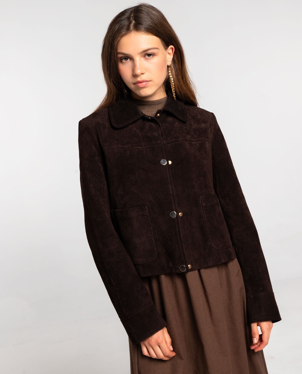 Casaco de Pele em Castanho Forrado com Gola Tipo Camisa e Botões Metálicos Castanho-1