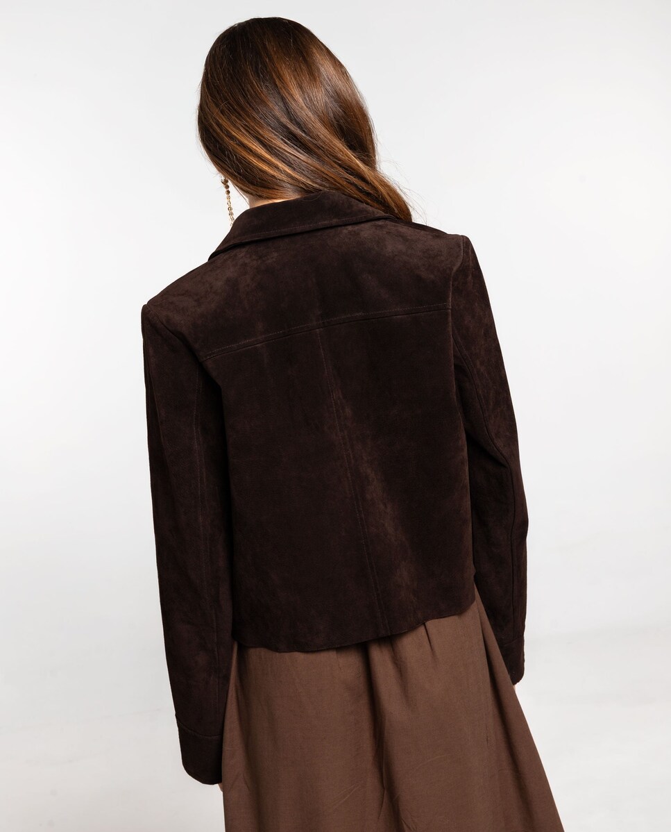 Casaco de Pele em Castanho Forrado com Gola Tipo Camisa e Botões Metálicos Castanho-2