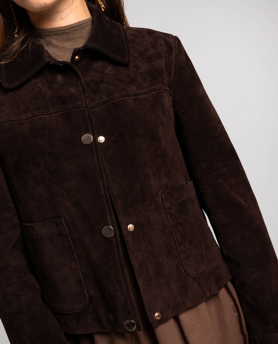 Casaco de Pele em Castanho Forrado com Gola Tipo Camisa e Botões Metálicos Castanho-3