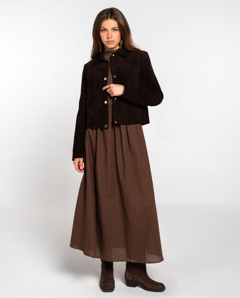 Casaco de Pele em Castanho Forrado com Gola Tipo Camisa e Botões Metálicos Castanho-4