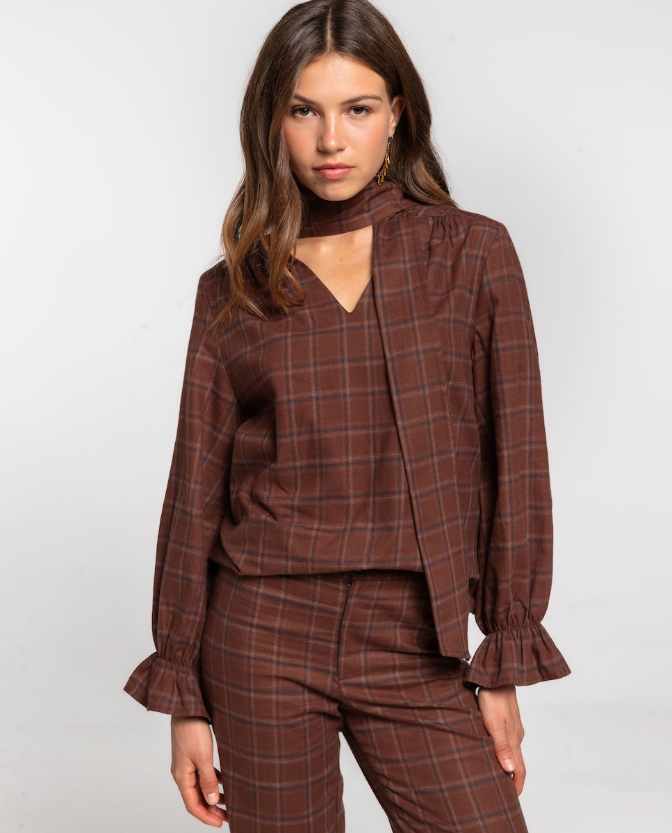 Blusa com Decote em V e Manga Comprida com Punho Elástico Castanho-1