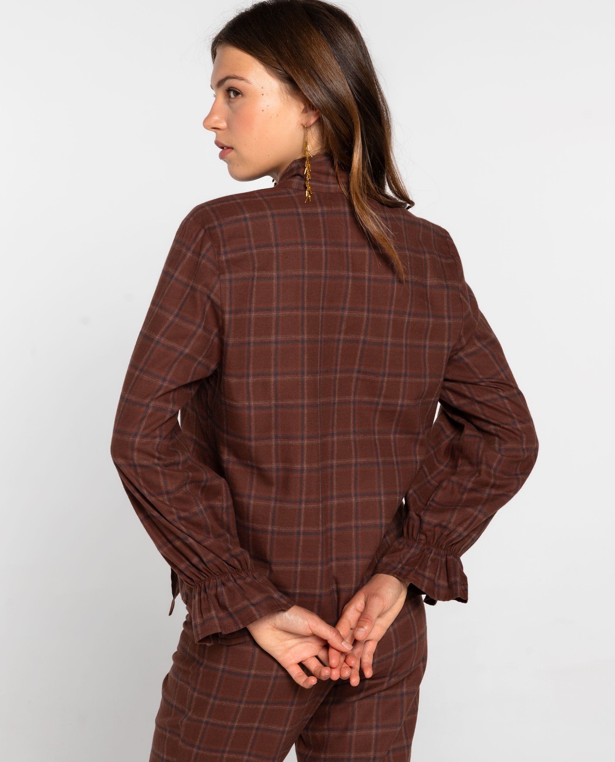 Blusa com Decote em V e Manga Comprida com Punho Elástico Castanho-2