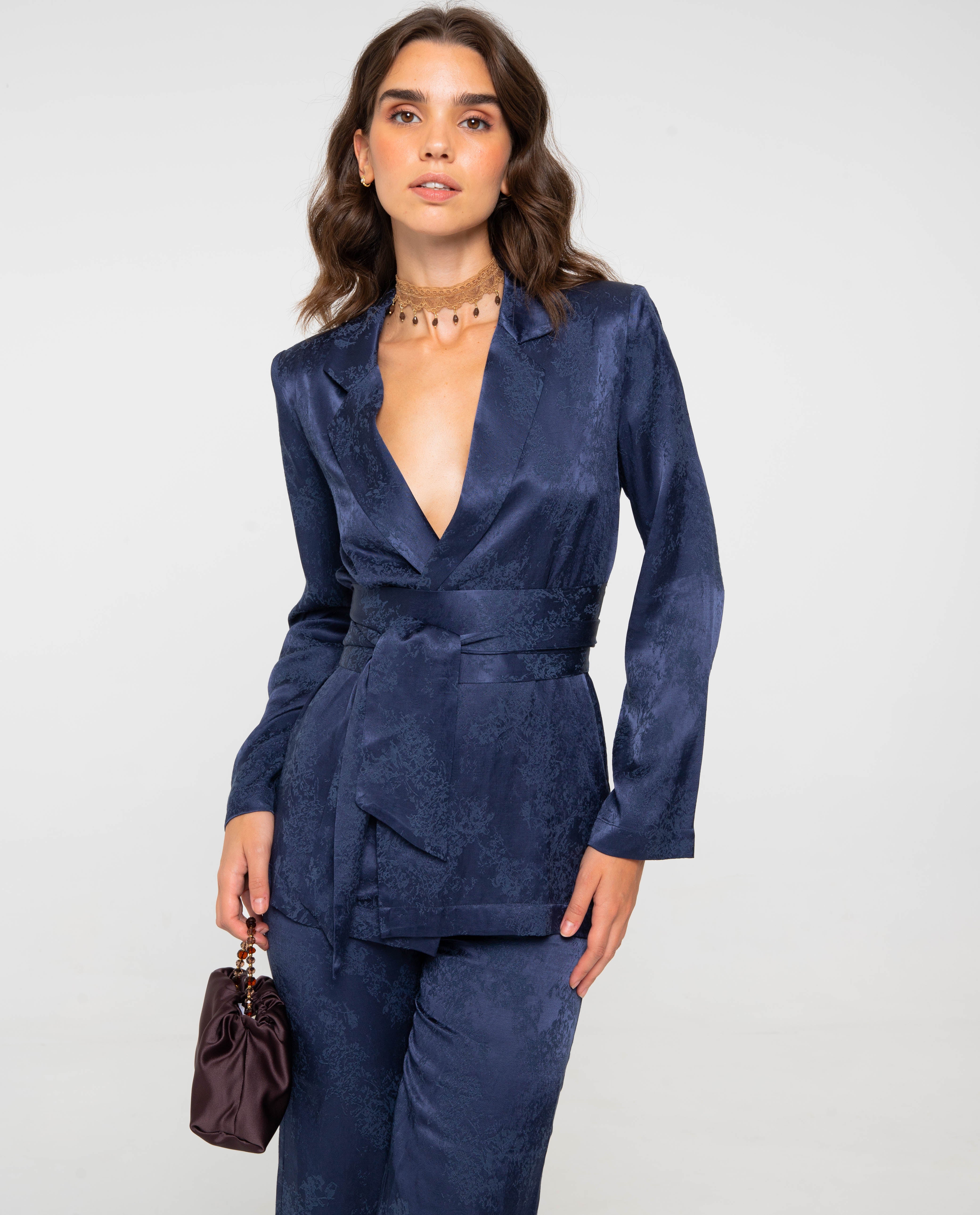 Blazer de Fato com Cinto Azul-marinho-1