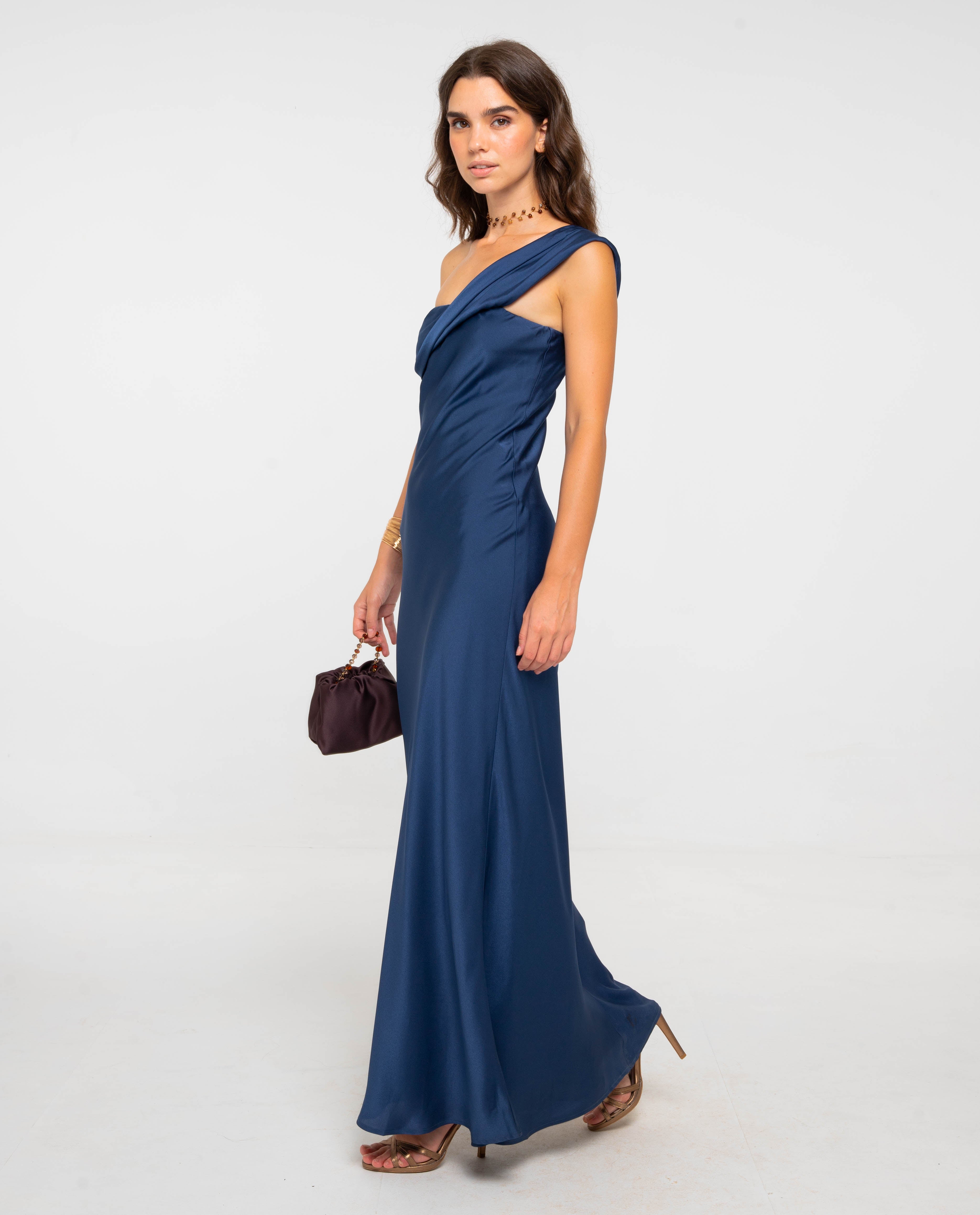 Vestido Comprido com Decote Assimétrico Azul-marinho-2