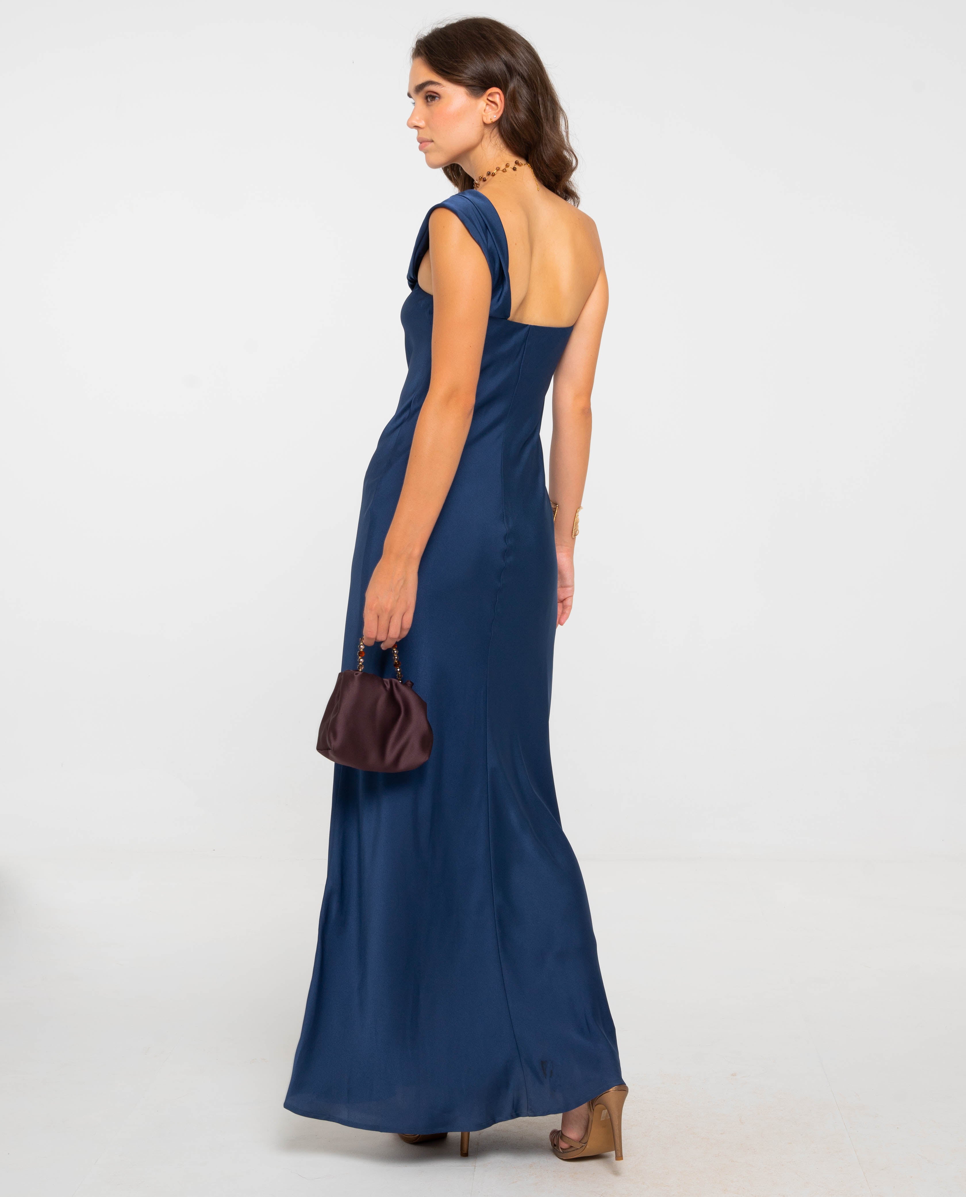 Vestido Comprido com Decote Assimétrico Azul-marinho-3