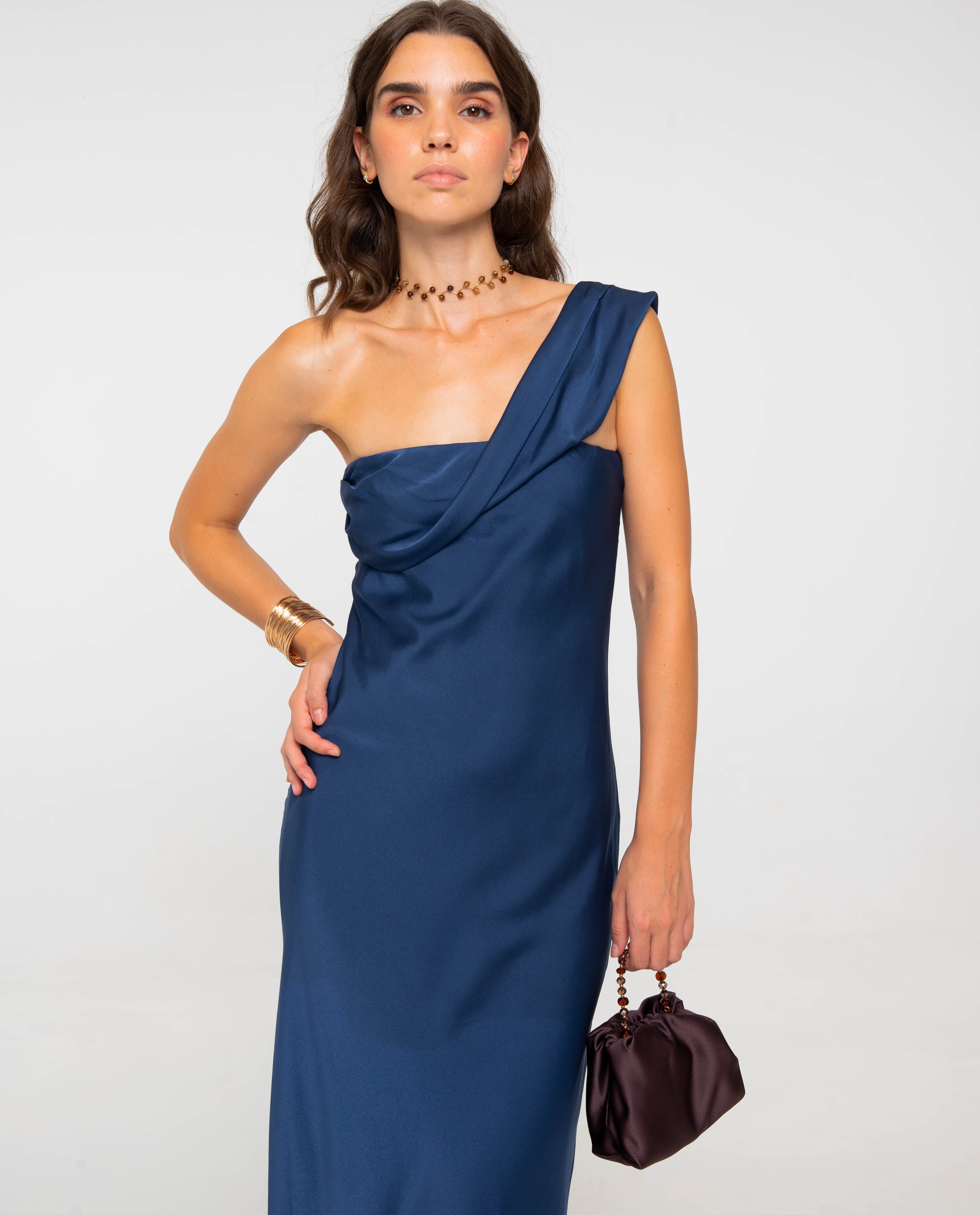 Vestido Comprido com Decote Assimétrico Azul-marinho-4
