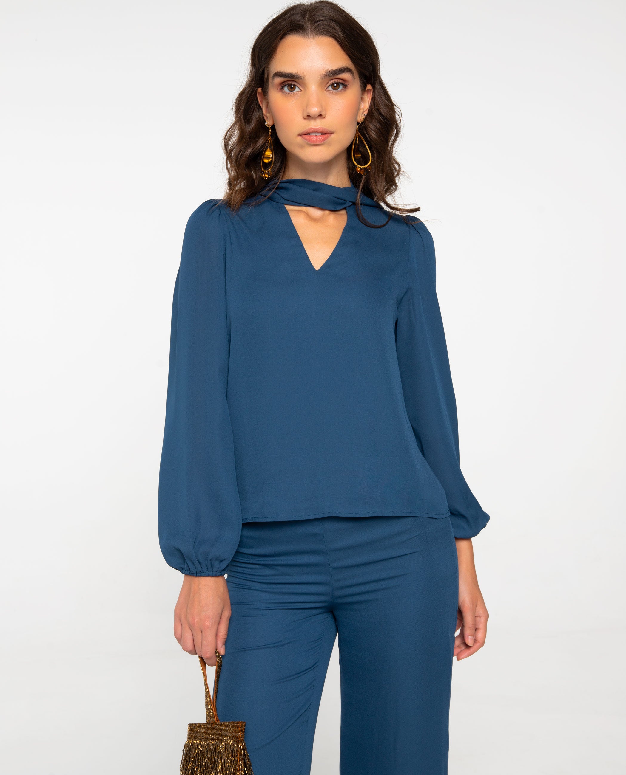 Blusa de Manga Comprida com Decote em V e Laçada Multiposições Azul-índigo-1