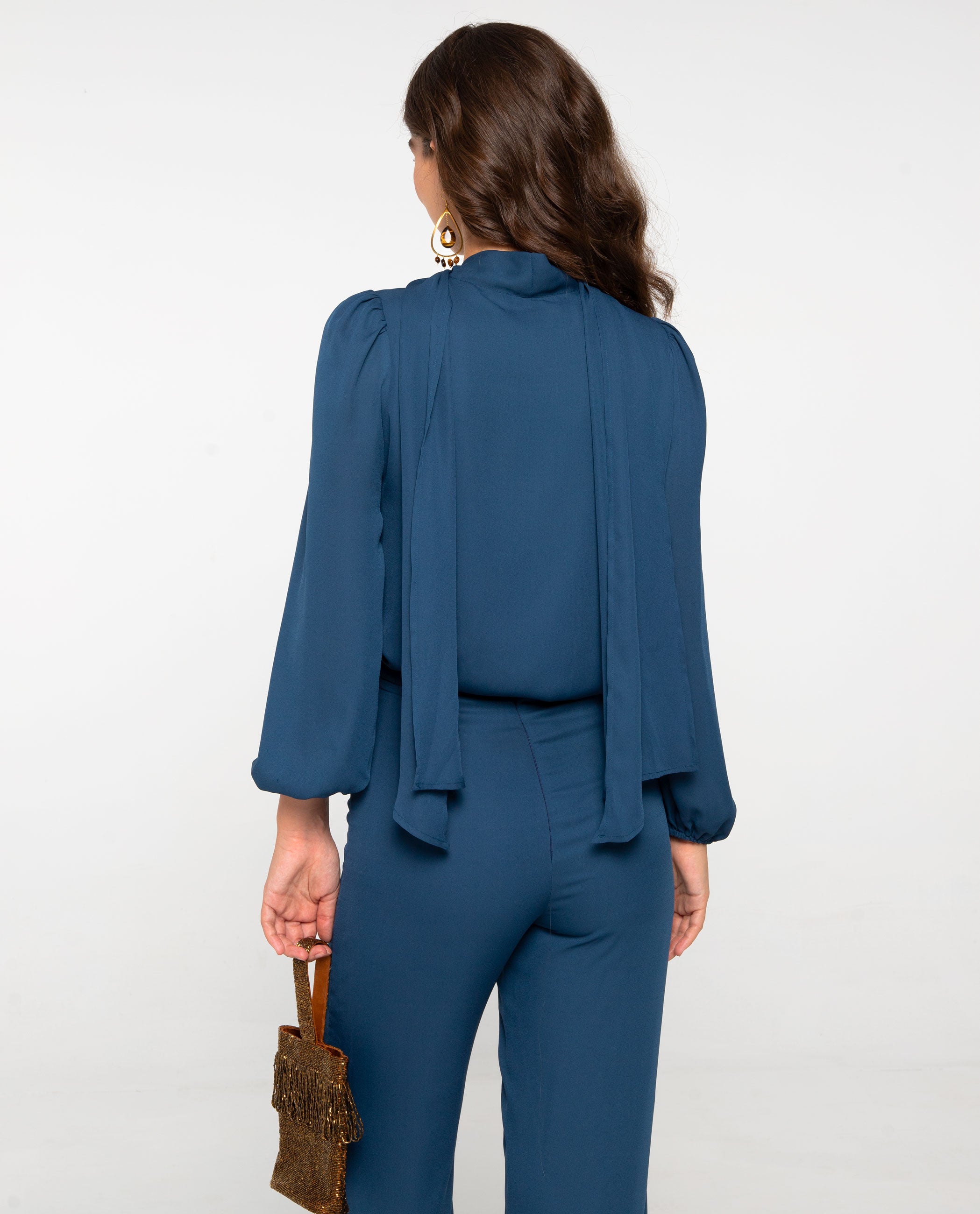 Blusa de Manga Comprida com Decote em V e Laçada Multiposições Azul-índigo-2