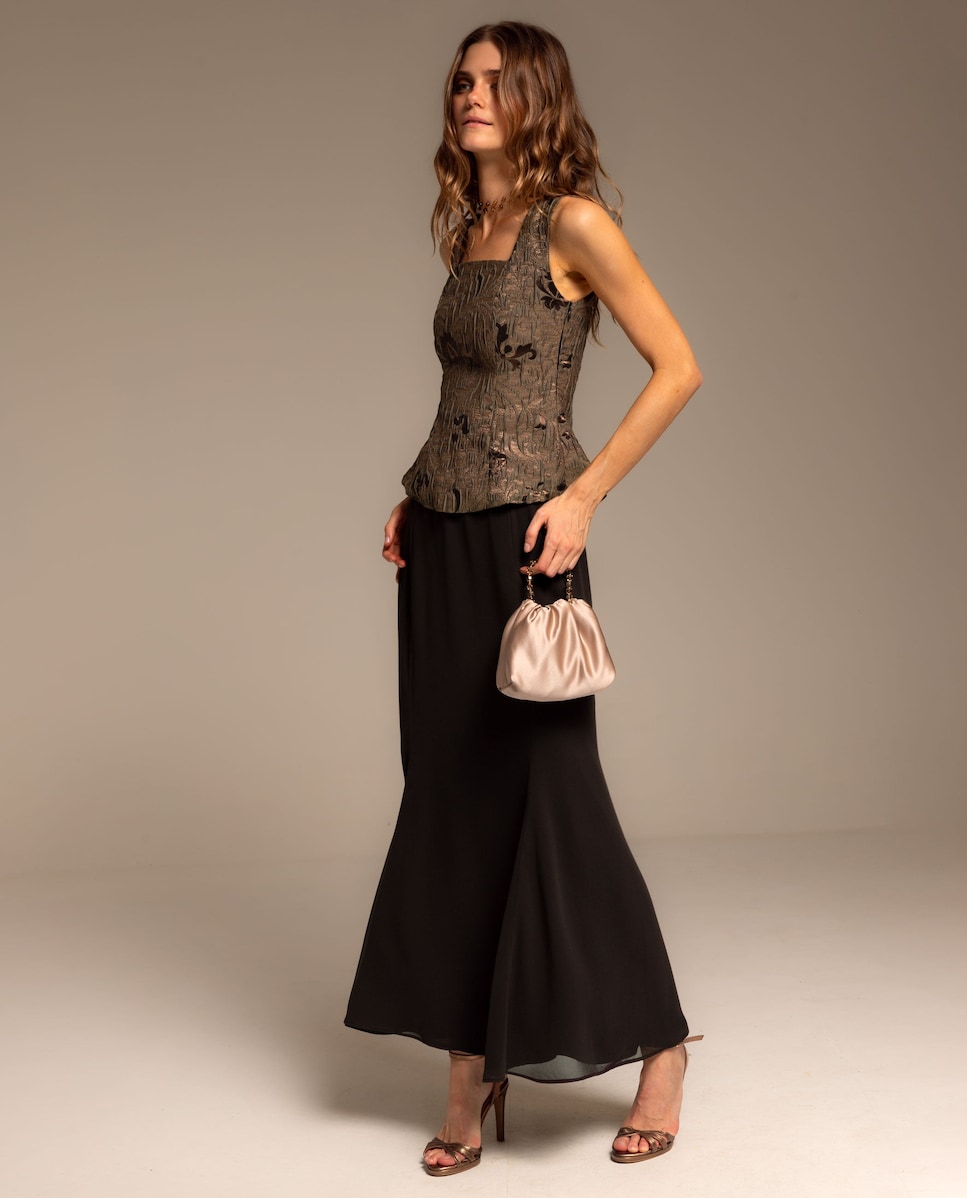 Saia Comprida de Gase com Godés e Cintura Elástica Castanho-escuro-1