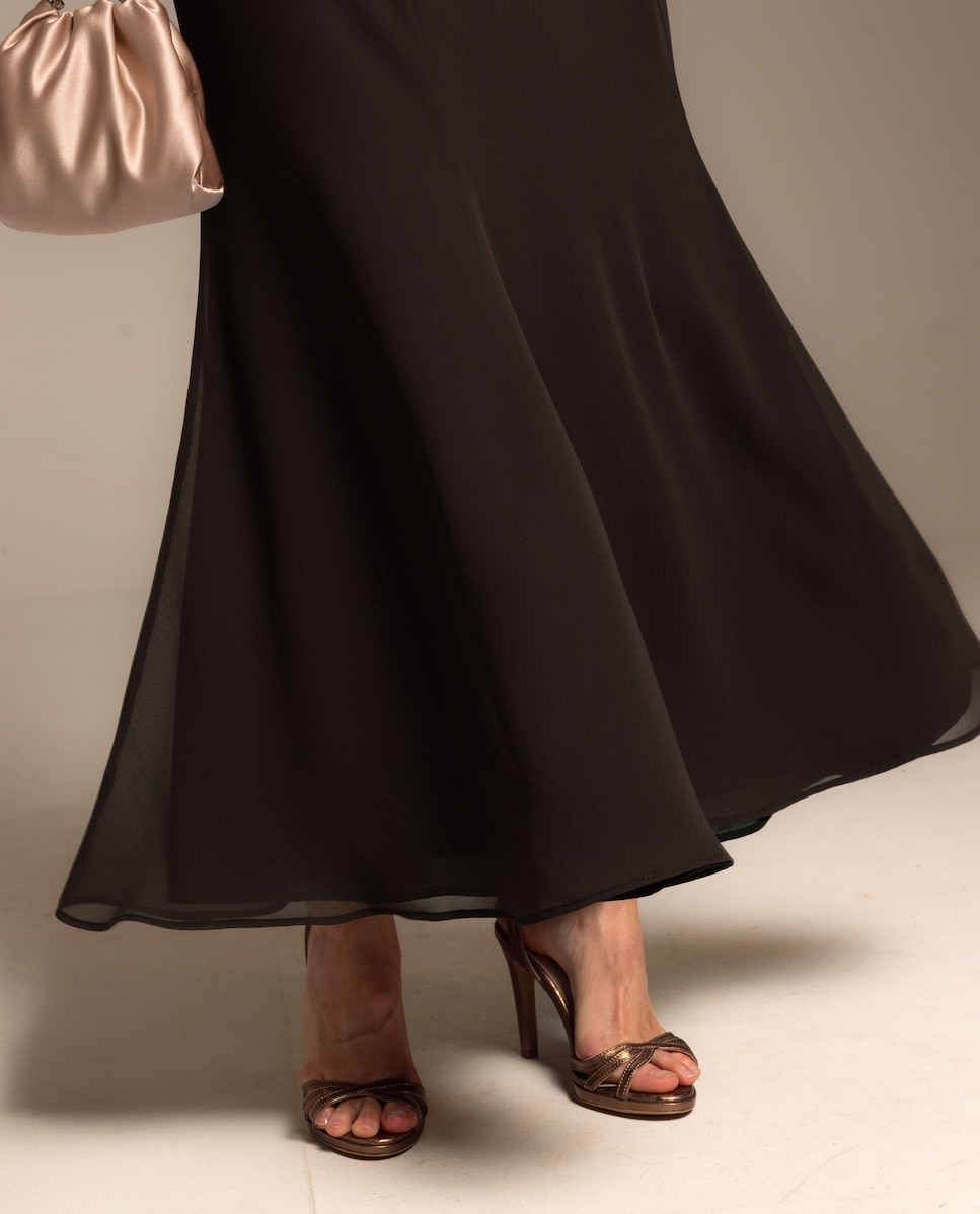 Saia Comprida de Gase com Godés e Cintura Elástica Castanho-escuro-4