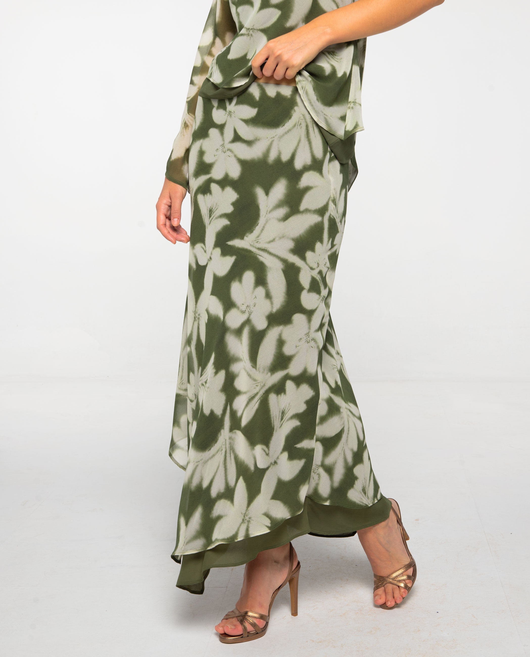 Saia Midi Evasé Estampada Verde-2