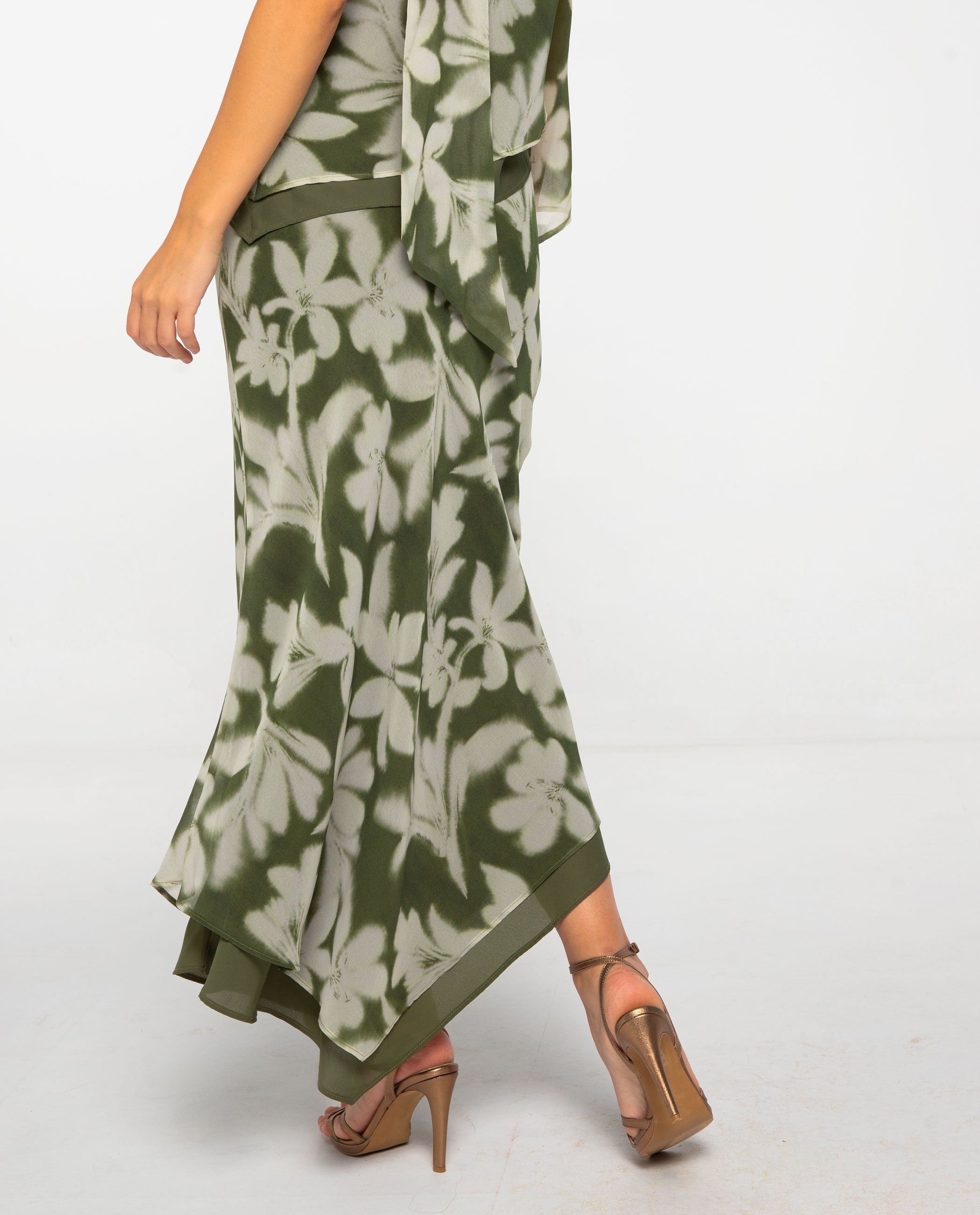 Saia Midi Evasé Estampada Verde-3