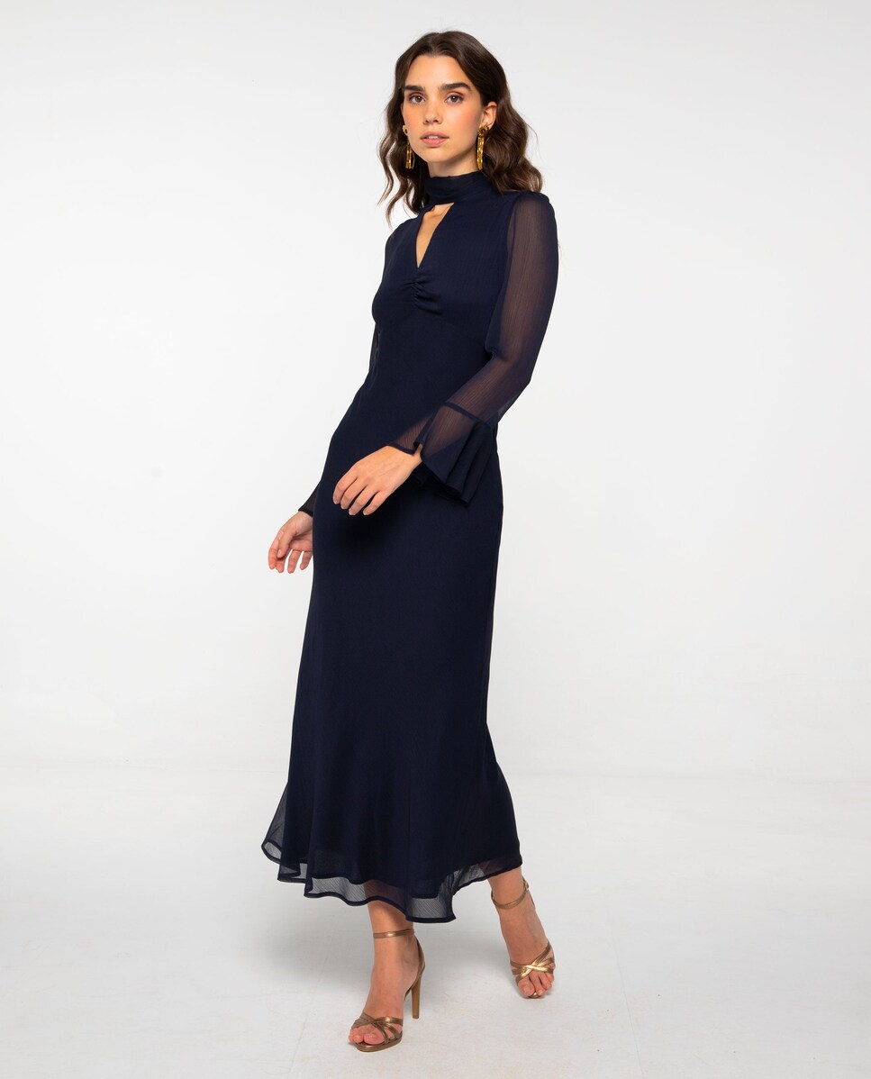 Vestido Midi Estampado com Manga Comprida e Decote em V com Laçada Azul-marinho-1