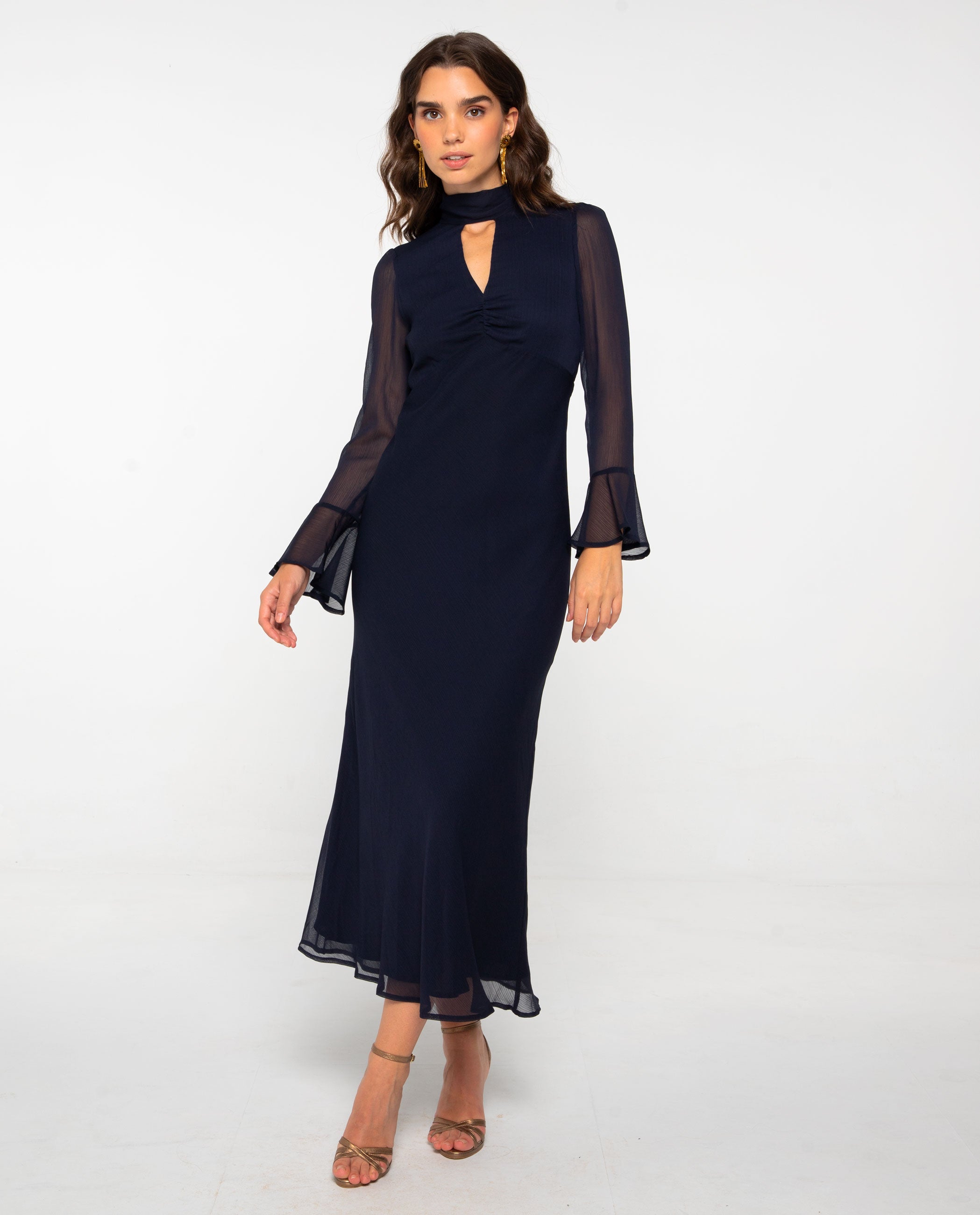 Vestido Midi com Decote em V e Halter Anudado Azul-marinho-2