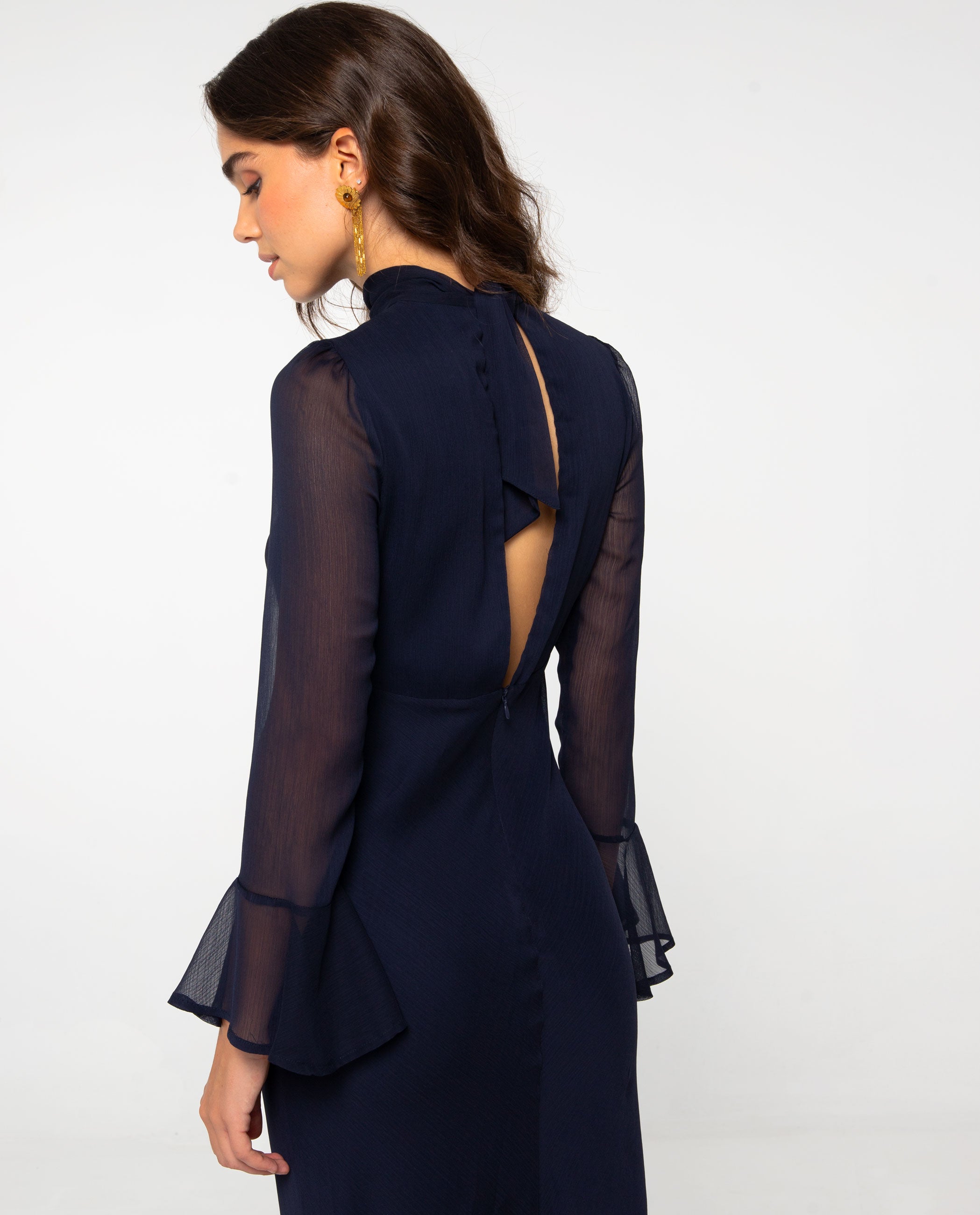 Vestido Midi com Decote em V e Halter Anudado Azul-marinho-4