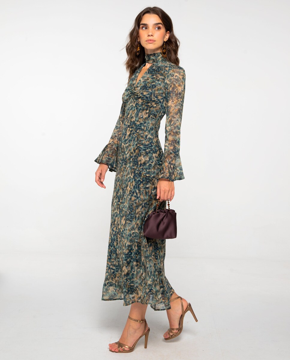 Vestido Midi Estampado com Manga Comprida e Decote em V com Laçada Verde-2