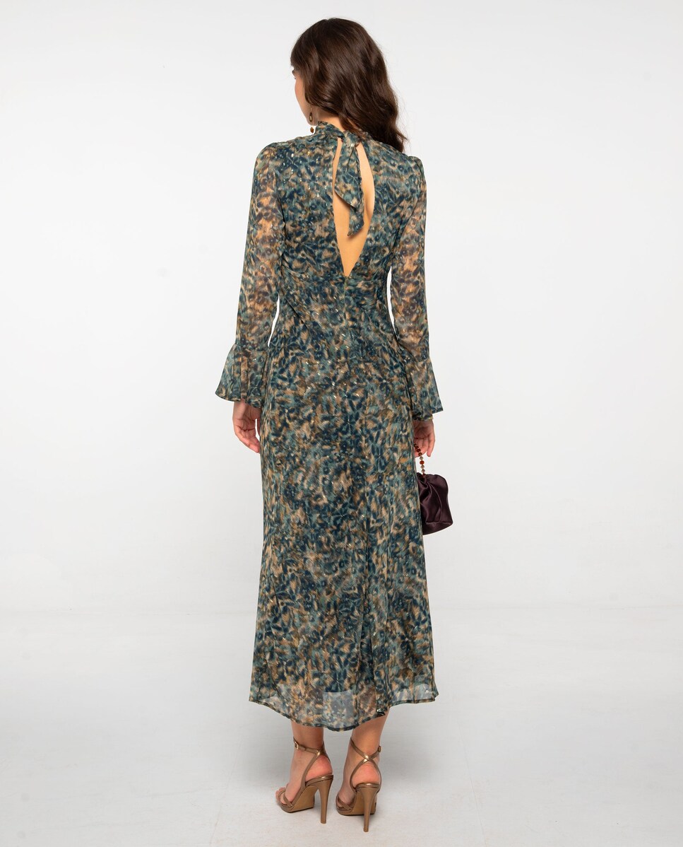 Vestido Midi Estampado com Manga Comprida e Decote em V com Laçada Verde-3