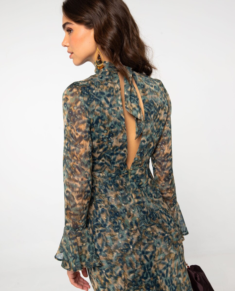 Vestido Midi Estampado com Manga Comprida e Decote em V com Laçada Verde-4