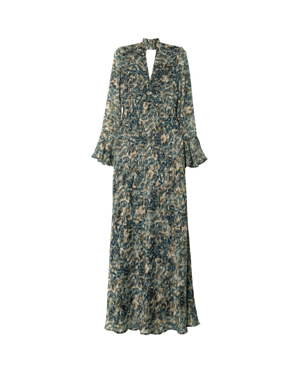 Vestido Midi Estampado com Manga Comprida e Decote em V com Laçada Verde-5