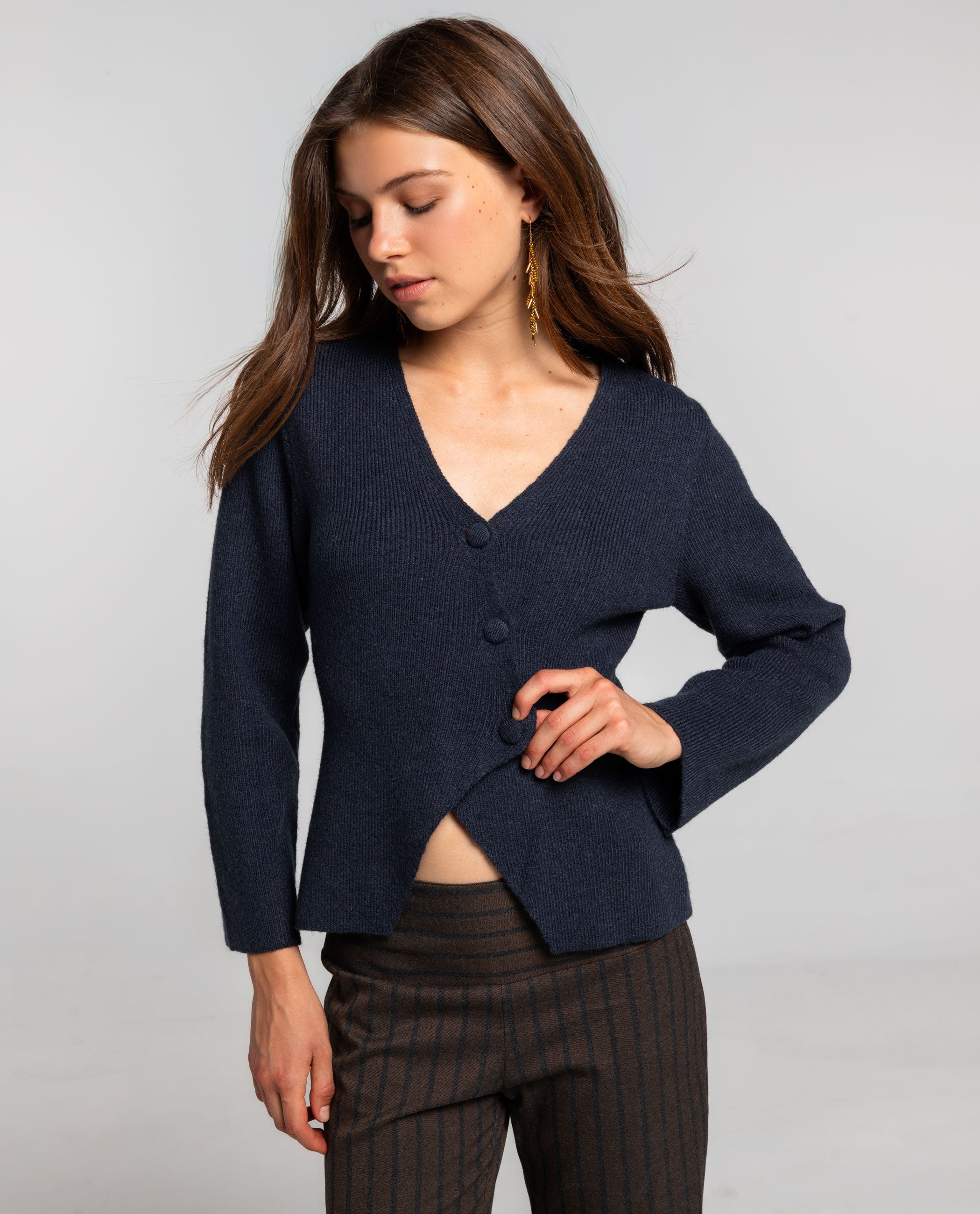 Cardigan de Malha Canelada com Botões Forrados Azul-marinho-1