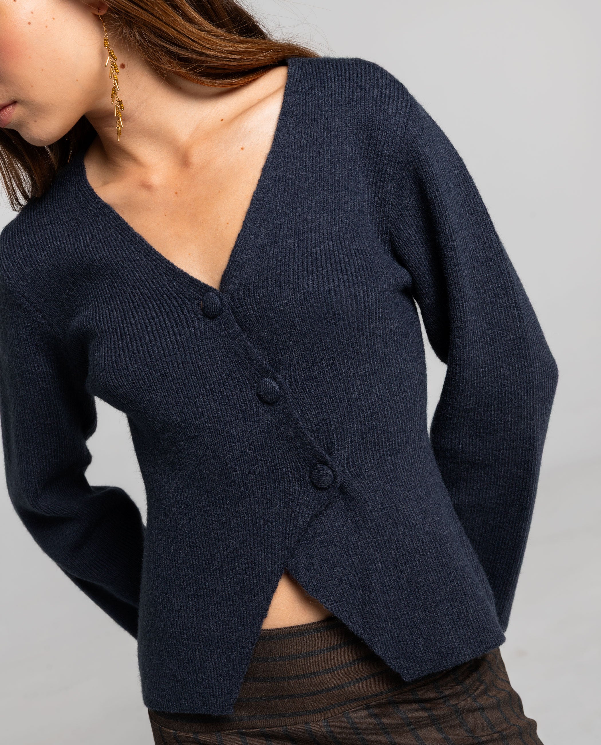 Cardigan de Malha Canelada com Botões Forrados Azul-marinho-3