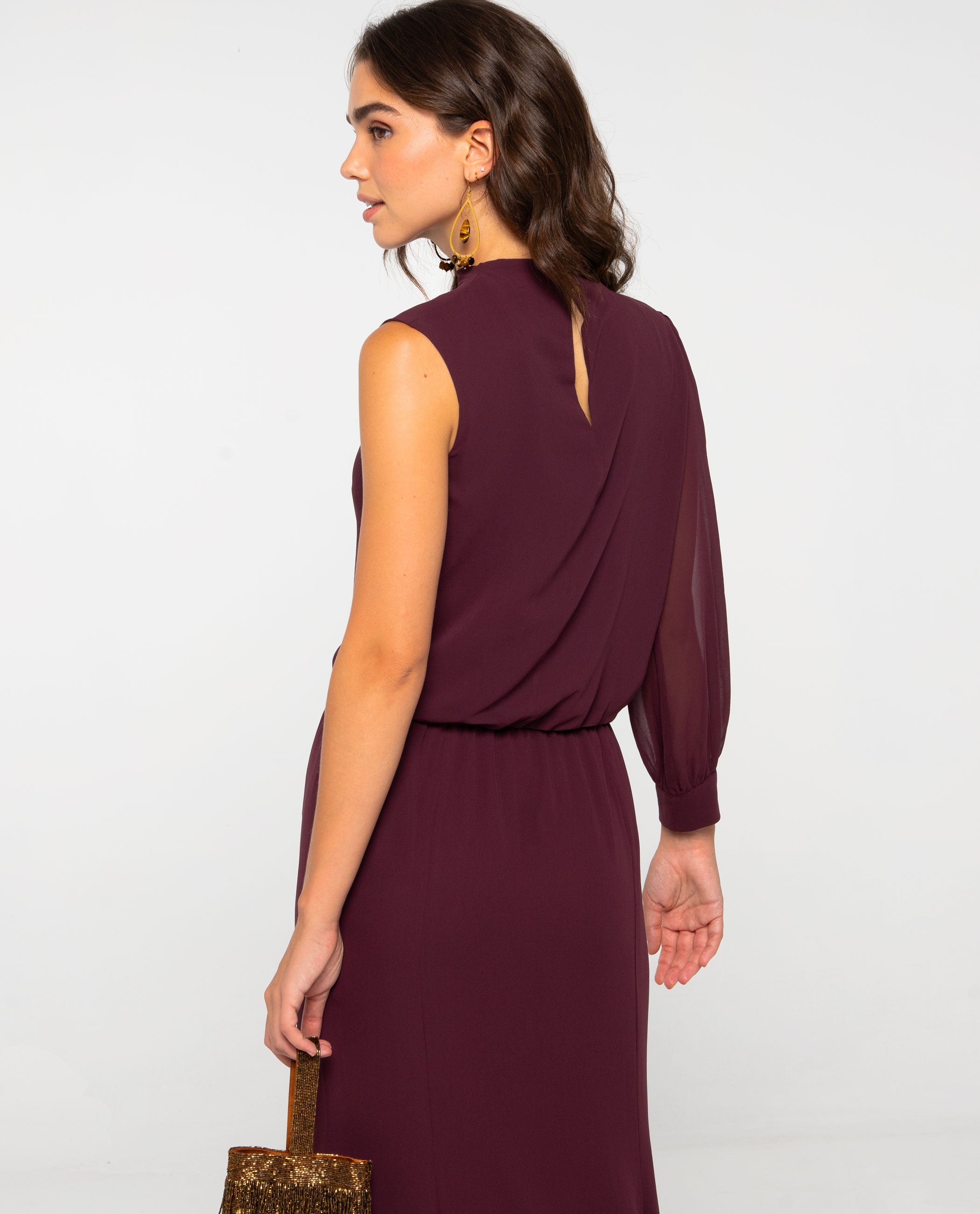 Blusa Assimétrica de Gase com Gola Chaminé e Manga Comprida Bordeaux-2