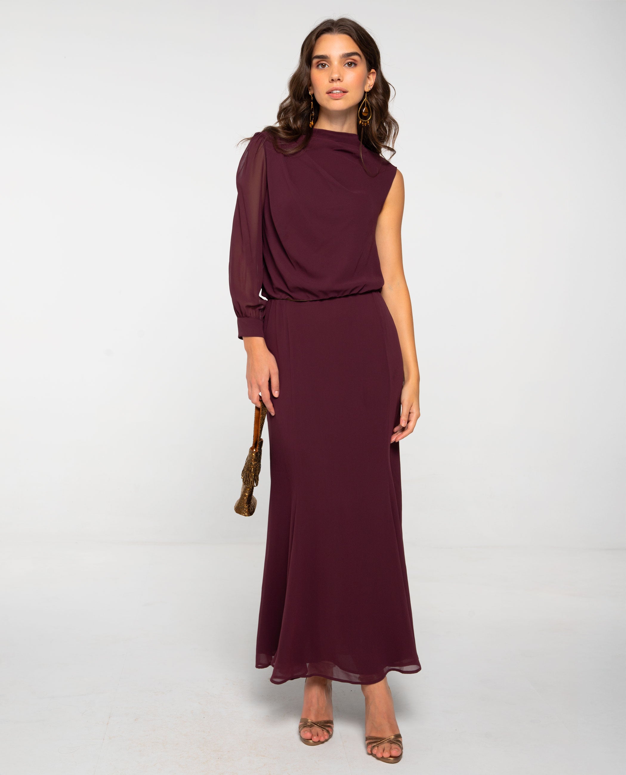Blusa Assimétrica de Gase com Gola Chaminé e Manga Comprida Bordeaux-4