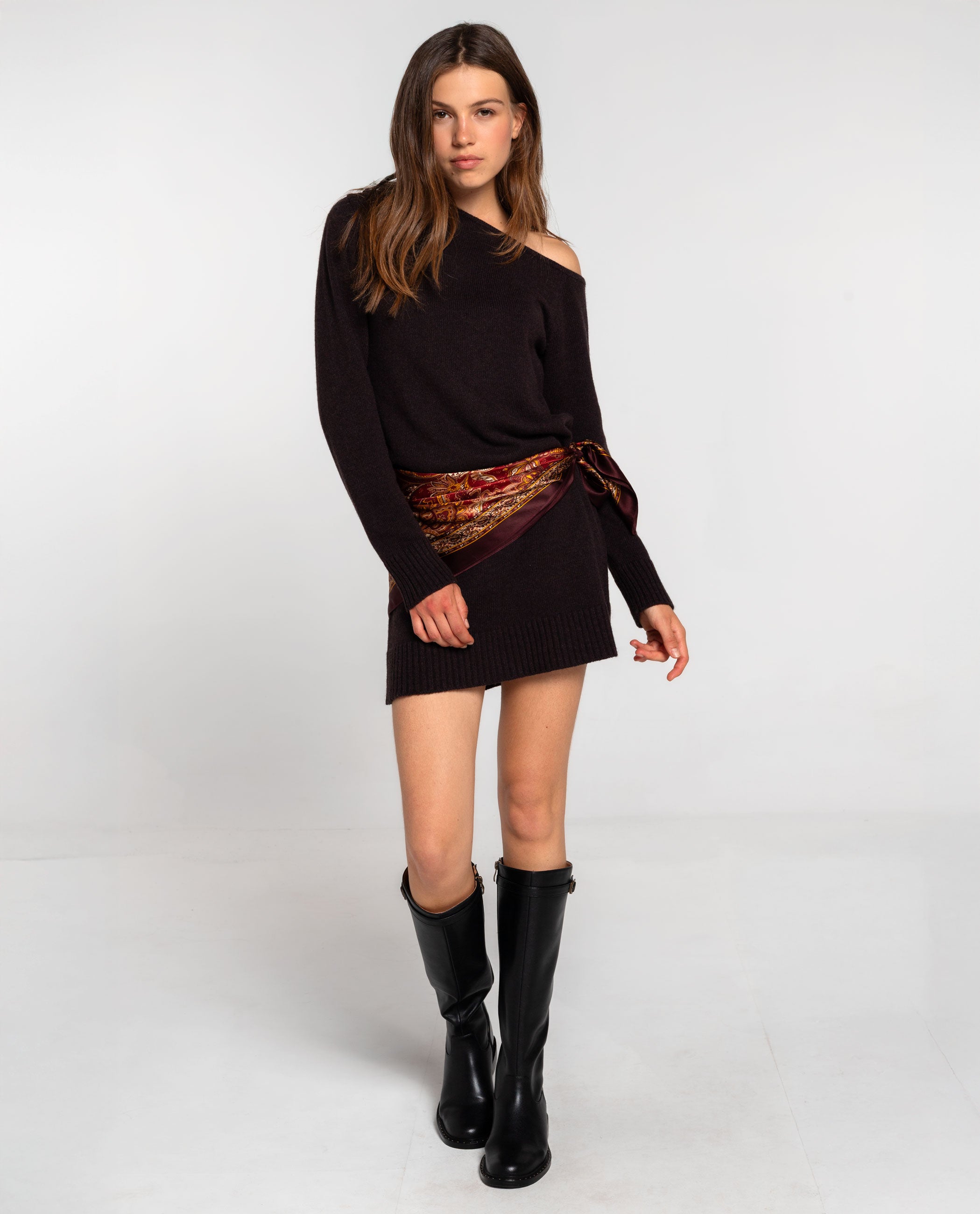 Vestido de Malha Elástica com Franjas e Corte Ajustado Castanho-1