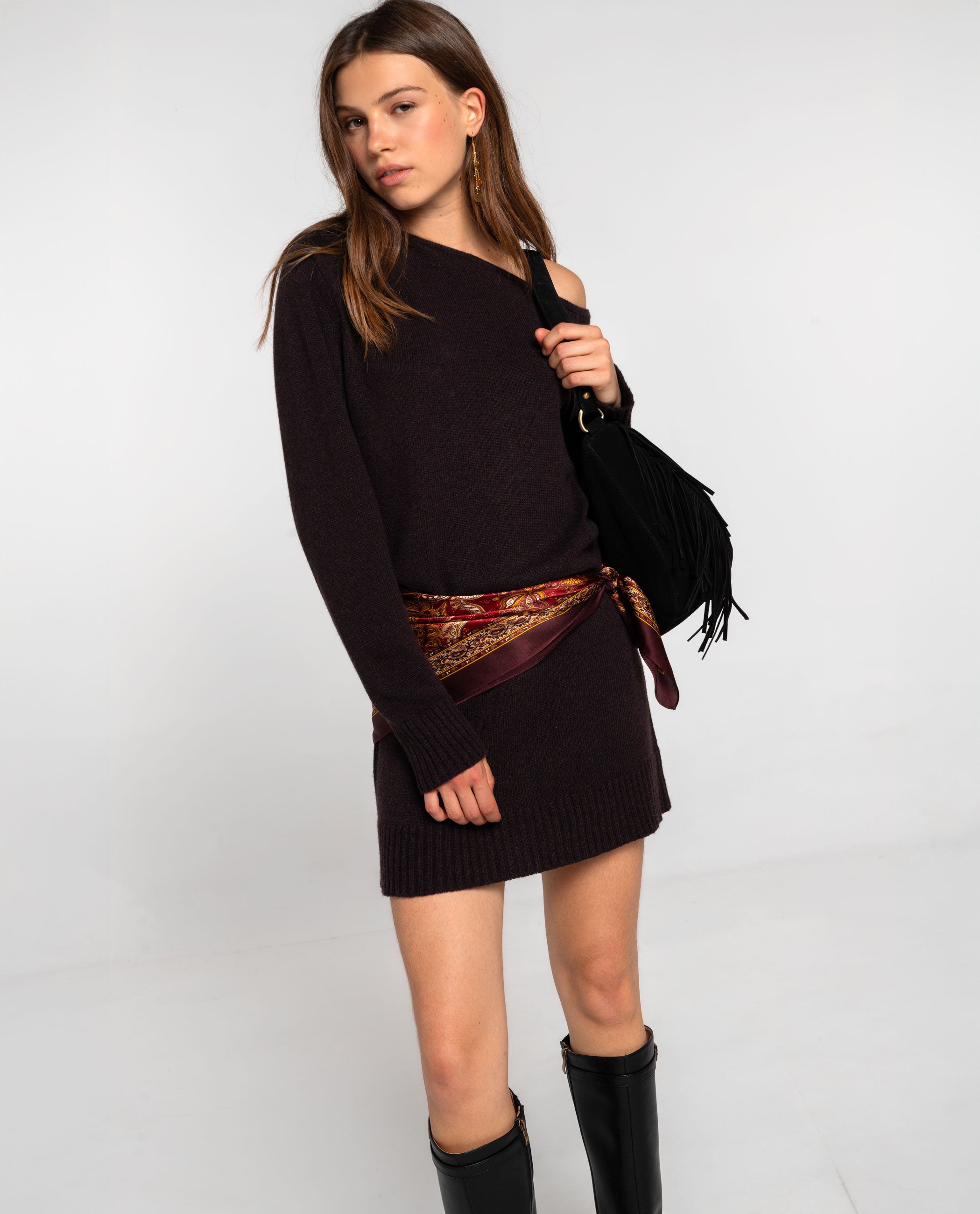 Vestido de Malha Elástica com Franjas e Corte Ajustado Castanho-2