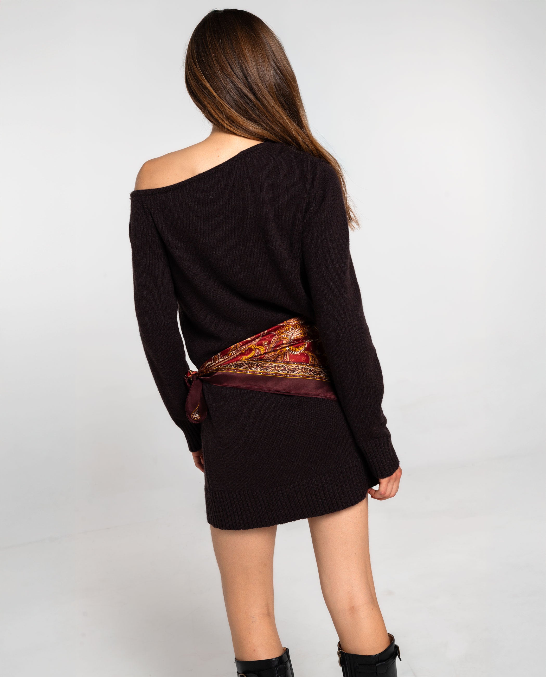 Vestido de Malha Elástica com Franjas e Corte Ajustado Castanho-3